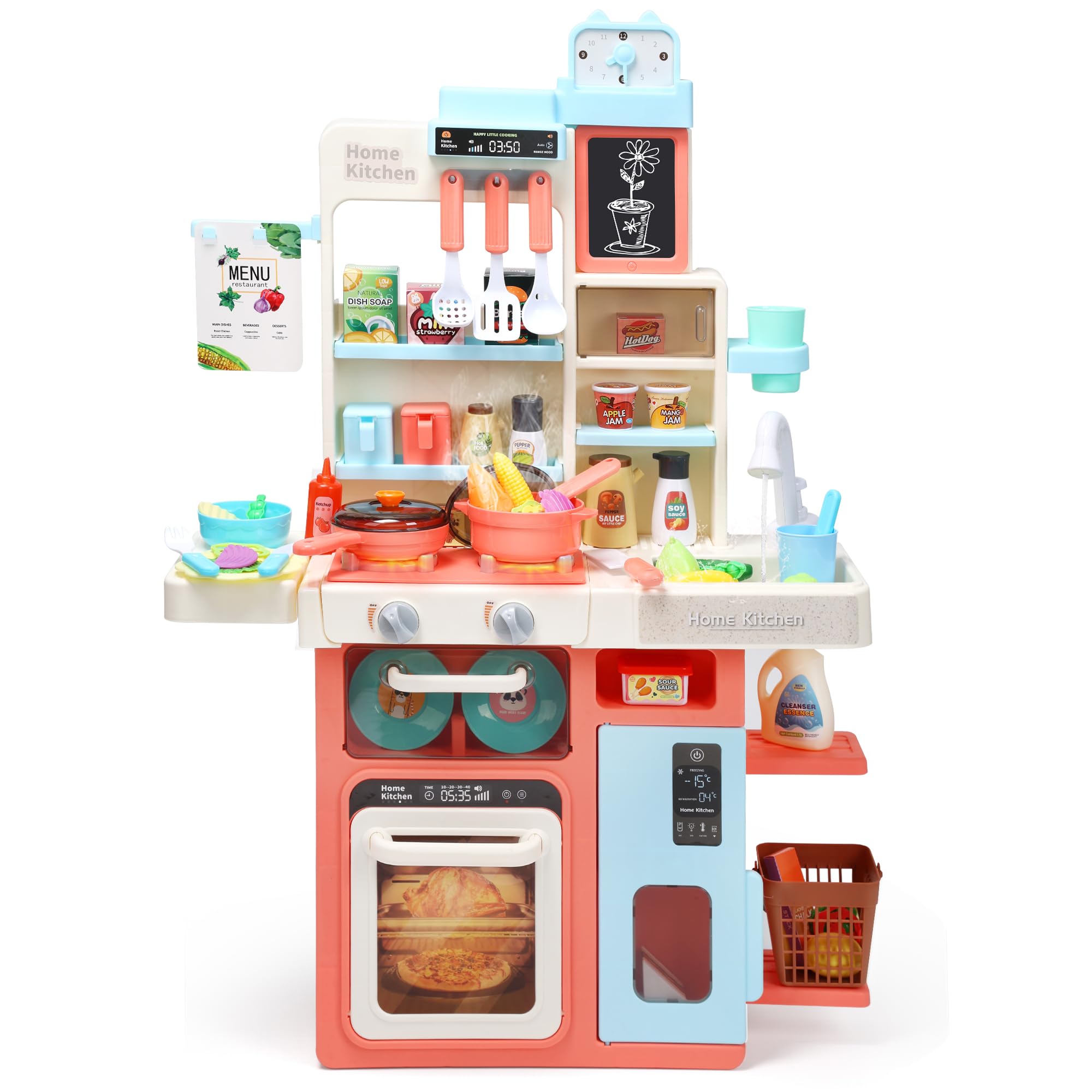 HOLYFUN Kids Kitchen Playset with Sound & Light - Interactive Pretend Play Cooking Stove with Steam, Play Sink & Toy Accessories - Educational Toy for Toddlers & Children (Pink) - Perfect for Role Play, Birthday Gifts & Preschool Learning