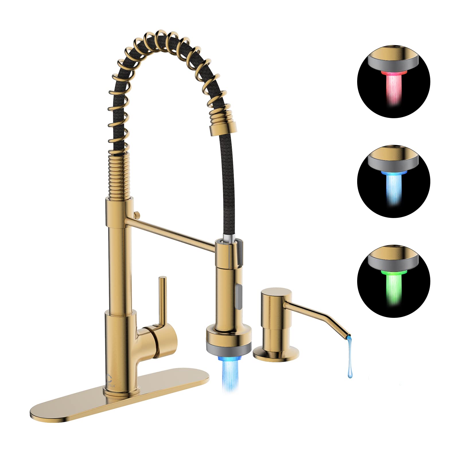 Brushed Gold LED Kitchen Faucet with Pull Down Sprayer, Soap Dispenser & Deck Plate - Single Handle Modern Faucet for RV, Camper, Farmhouse & Residential Kitchen Sinks | Perfect for Cooking, Washing Dishes & Food Prep