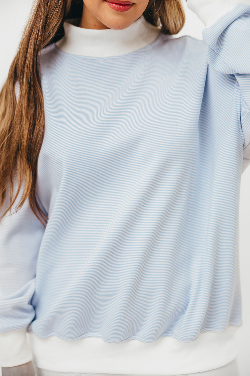 Cynthia Mini Striped Mock Neck Sweatshirt - Blue and White Pullover for Women | Casual Fall & Winter Fashion | Perfect for Layering, Coffee Dates & Weekend Outings
