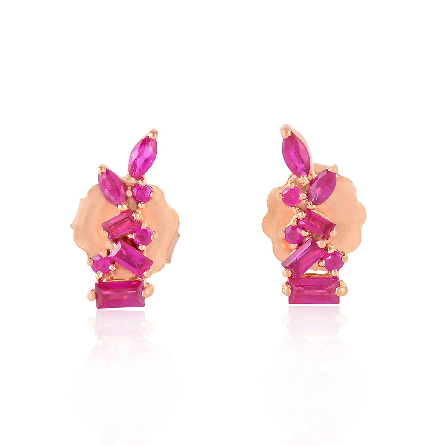 18K Rose Gold Marquise Baguette Round Ruby July Birthstone Mini Stud Earrings - Perfect for Birthdays, Anniversaries & Special Occasions