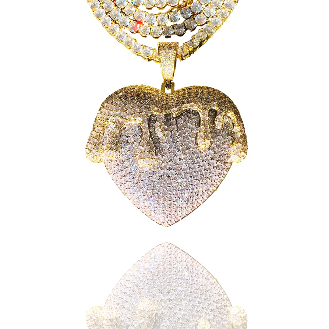 Iced Out Tennis Chain Necklace for Men & Women - 925 Silver Stainless Steel 4mm Four Prong Set with Dripping Heart Pendant - Italy Gold Finish - 16