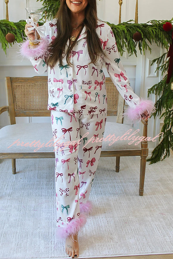 Best Christmas Pajama Set for Women - Printed Feather Trim Elastic Waist Pockets - Cozy Holiday Party Sleepwear for Besties & Friends