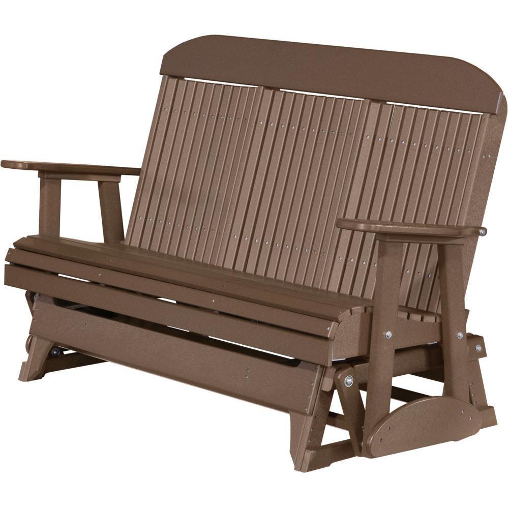 LuxCraft Chestnut Brown 5 ft. Recycled Plastic Highback Outdoor Glider - Durable Patio Swing for Garden, Porch & Backyard Relaxation