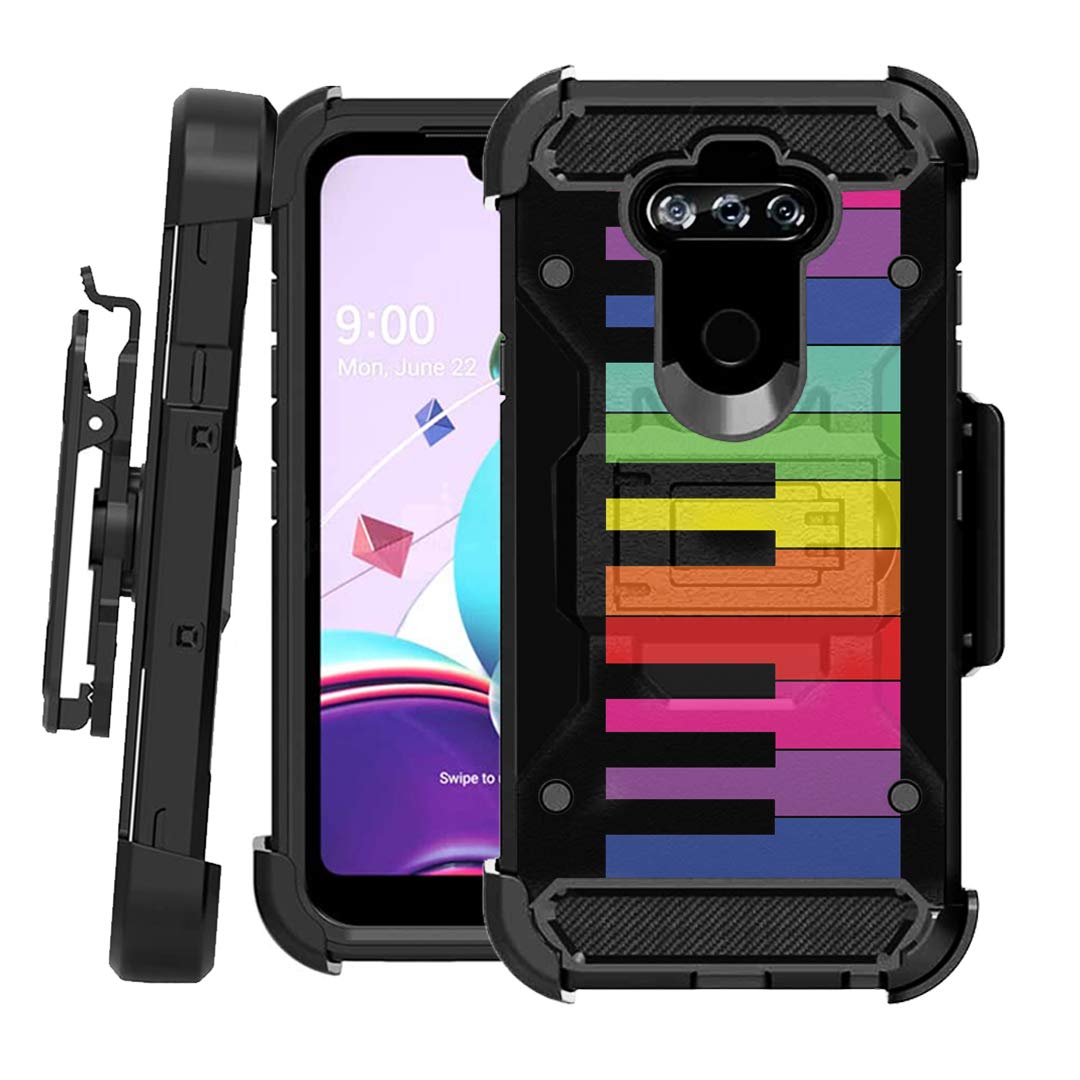 Premium Rugged Case for LG K8X with Kickstand & Holster - US Cellular - Piano Rainbow - Perfect for Outdoor & Work Use