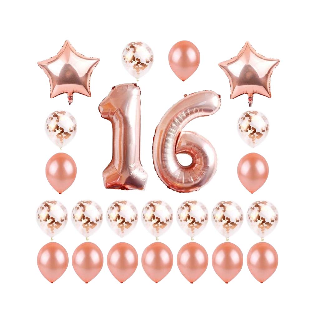 24 Pack Rose Gold Number 16 Foil Mylar Balloons with Confetti - 16th Birthday Party Decorations for Sweet 16, Anniversary & Graduation Celebrations