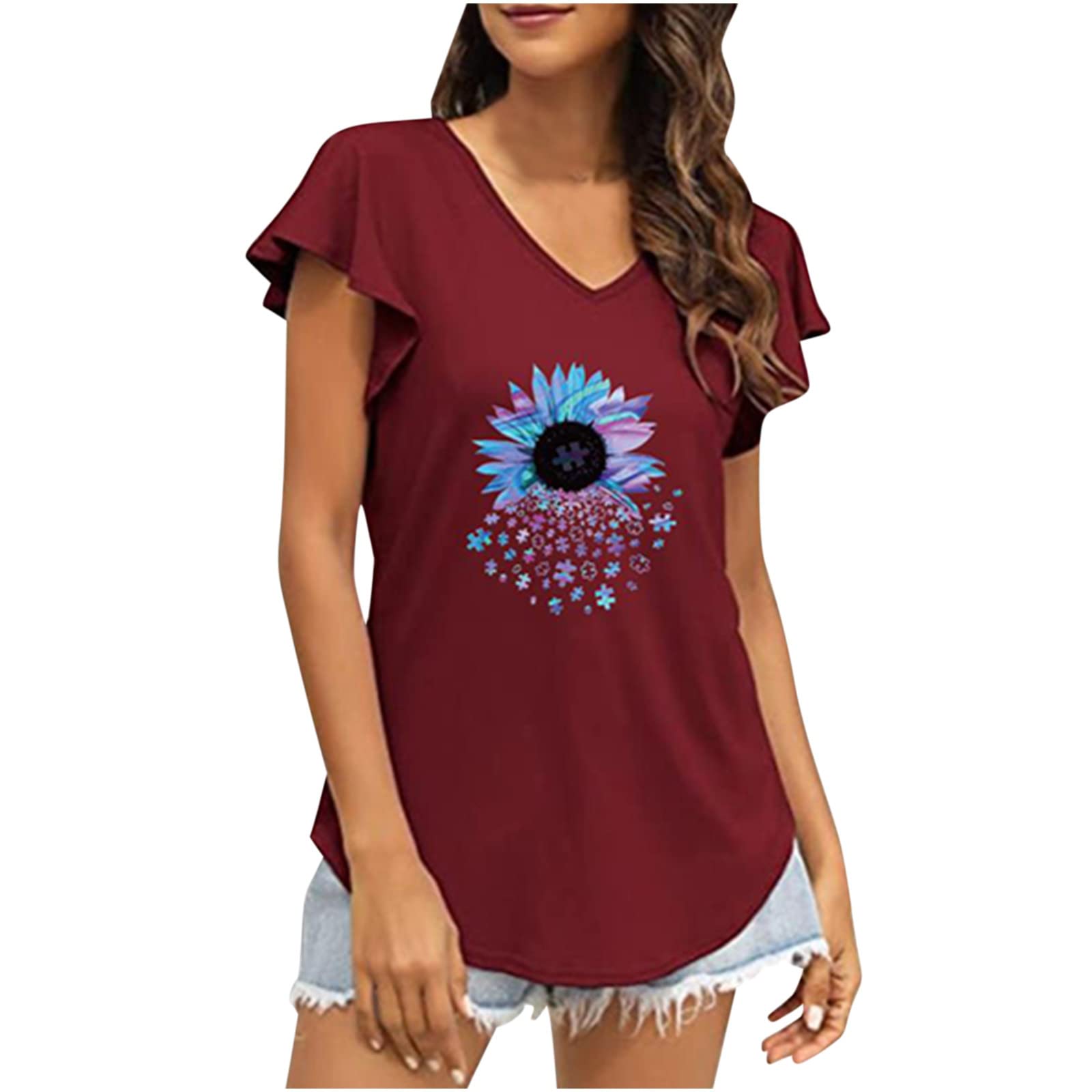 Women's Summer Casual Ruffle Short Sleeve V-Neck Tunic Top - Floral Sunflower Print Blouse for Beach, Vacation & Everyday Wear
