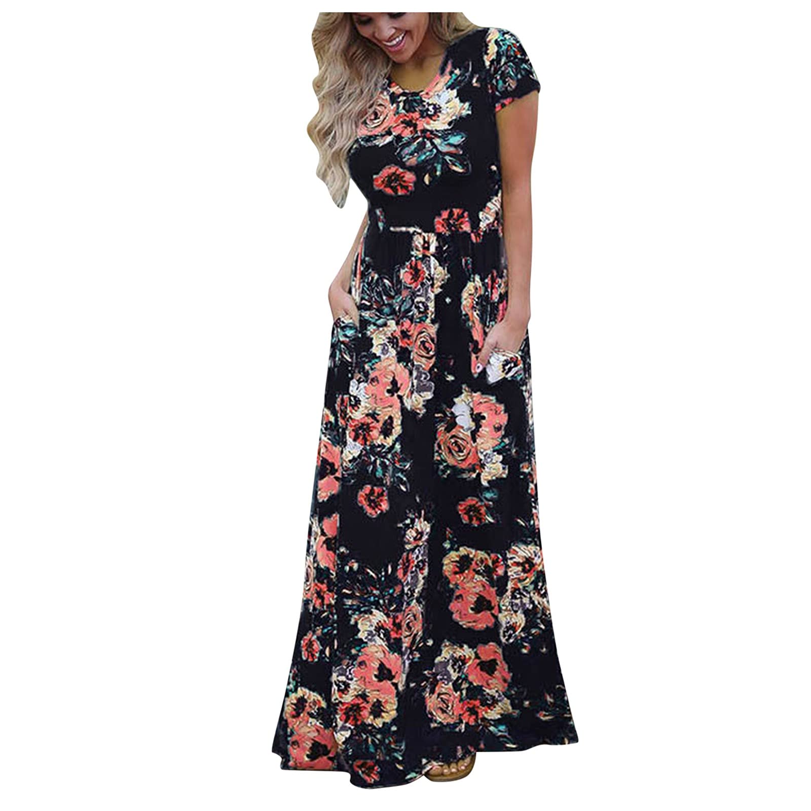 NREALY Women's Floral Print Casual Short Sleeve Maxi Dress with Pockets - High Low Hem Summer Beach Dress for Women | Perfect for Vacation, Date Night & Outdoor Parties