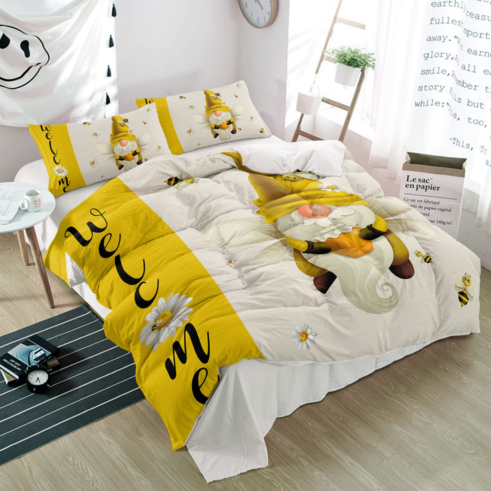 SSEVITEY 3-Piece Duvet Cover Set - Bee Gnome Summer Daisy Floral Pattern, Ultra Soft Luxury Quilt Cover & Pillowcases, Linen Microfiber King Size Bedding for Kids, Men & Women | Perfect for Bedroom Decor, Guest Rooms & Summer Home Styling