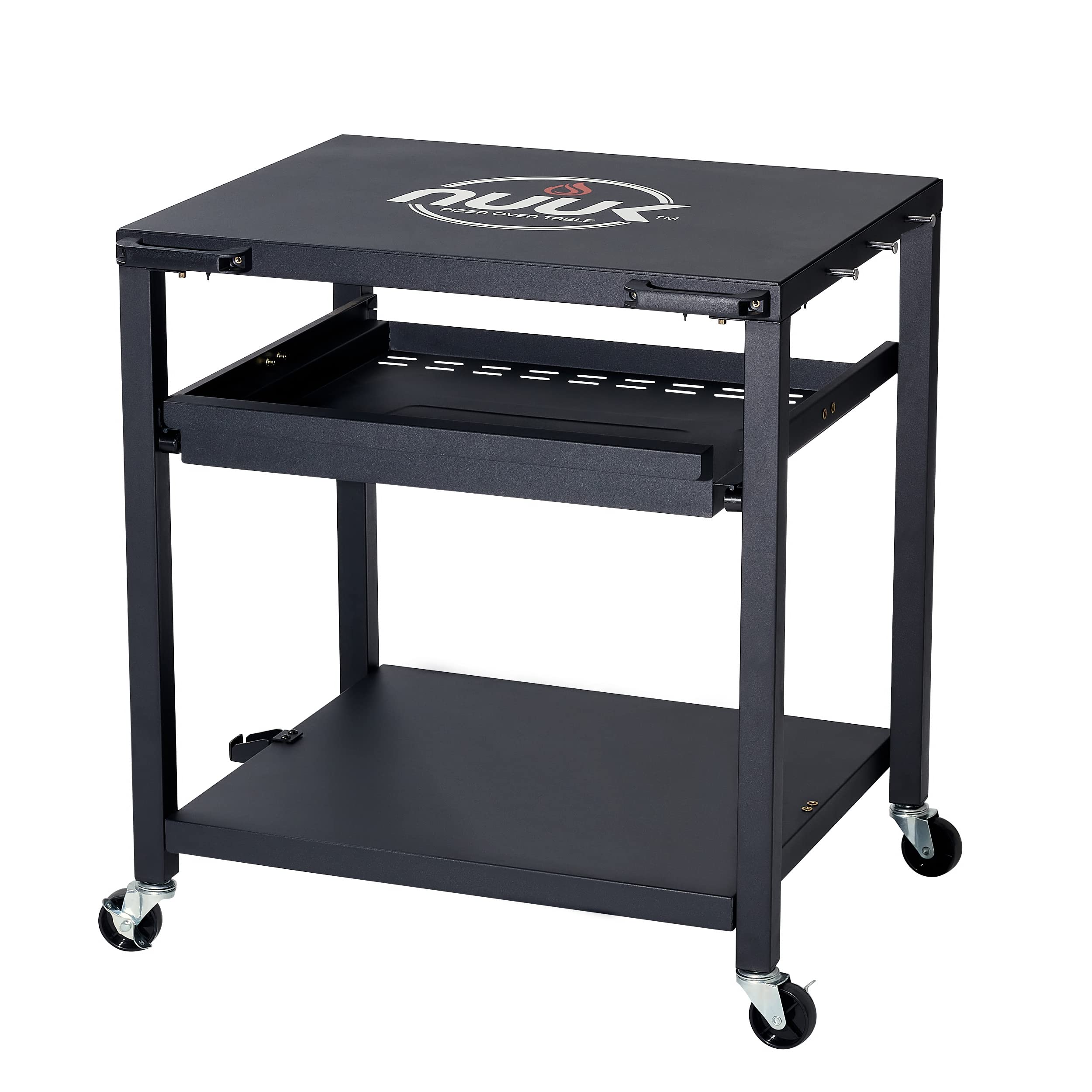 NUUK Heavy Duty 3-Shelf Rolling Outdoor Pizza Oven Table - 24x30 Inch Steel Commercial Food Prep Cart with Drawer & Wheels - Perfect for BBQ, Camping, Patio, Picnic & Outdoor Cooking