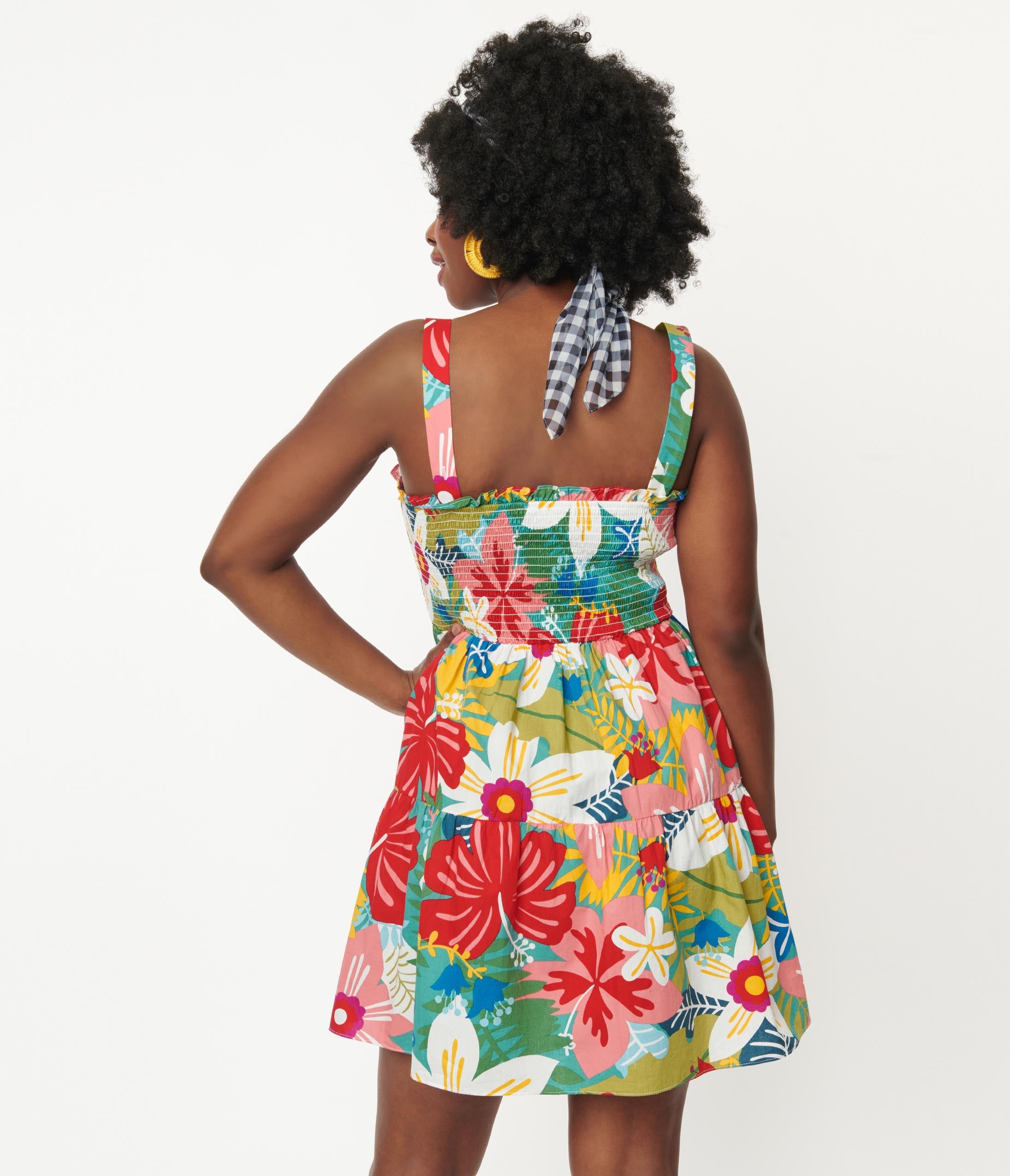 Vibrant Tropical Floral Print Smocked Waist Flare Dress for Women - Perfect for Beach Vacations, Summer Parties & Boho Fashion