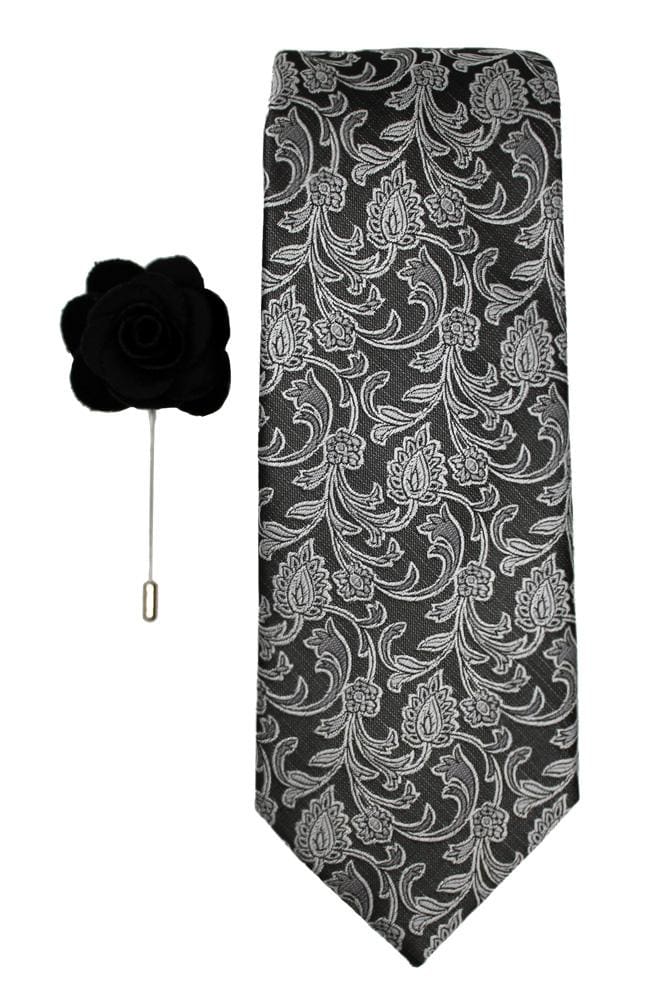 LA Smith Poly Grey Tie and Lapel Pin Set for Men - Premium Silk Necktie with Matching Lapel Pin - Perfect for Weddings, Business Meetings & Formal Events