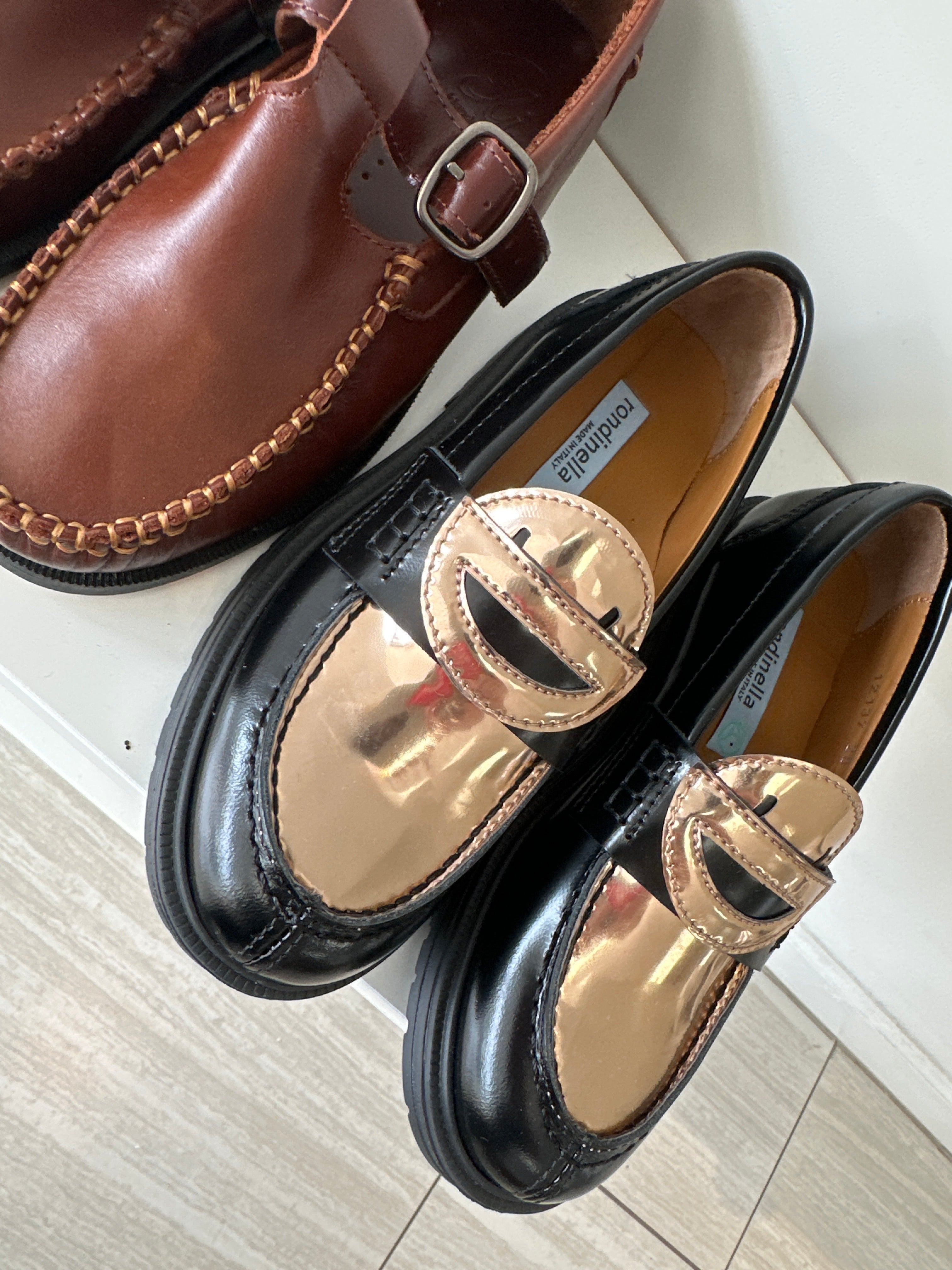 Rondinella Black and Gold Smiley Chunky Loafer Shoes for Women - Comfortable Slip-On Casual Flats for Work, Office & Everyday Wear