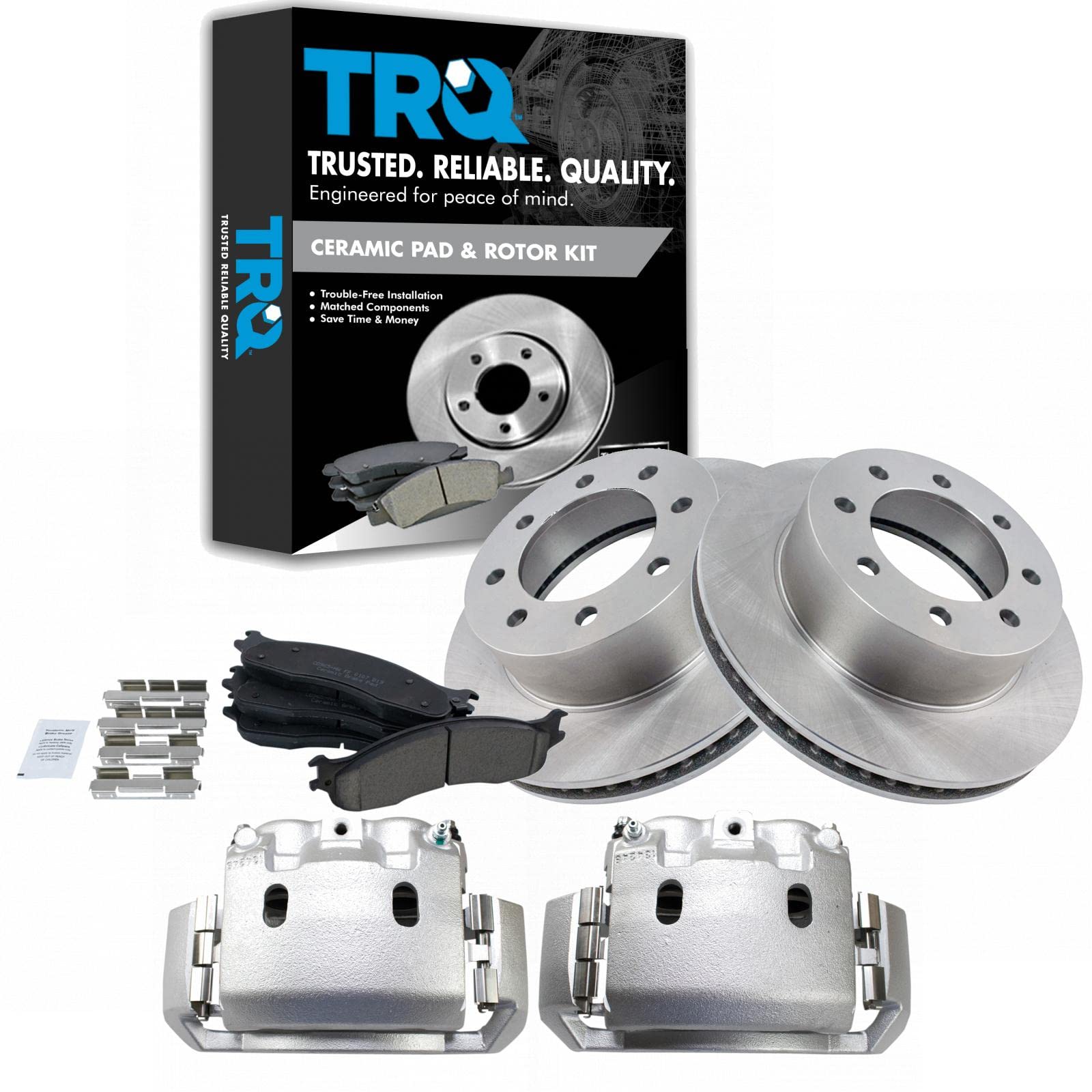 TRQ Front Brake Pad and Rotor Kit - Ceramic Vented Brake Pads & Rotors - Compatible with 2006-2008 Dodge Ram 1500, 2003-2008 Ram 2500/3500 - Perfect for Smooth Stopping & Heavy-Duty Towing