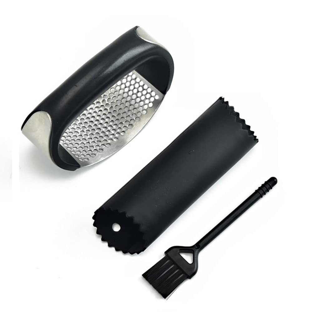 Premium Stainless Steel Garlic Press Set - 3-Piece Manual Rocking Garlic Crusher with Peeler & Comfortable Grip - Rust-Proof Kitchen Tool for Easy Garlic Mincing - Perfect for Cooking, Meal Prep & Professional Kitchens