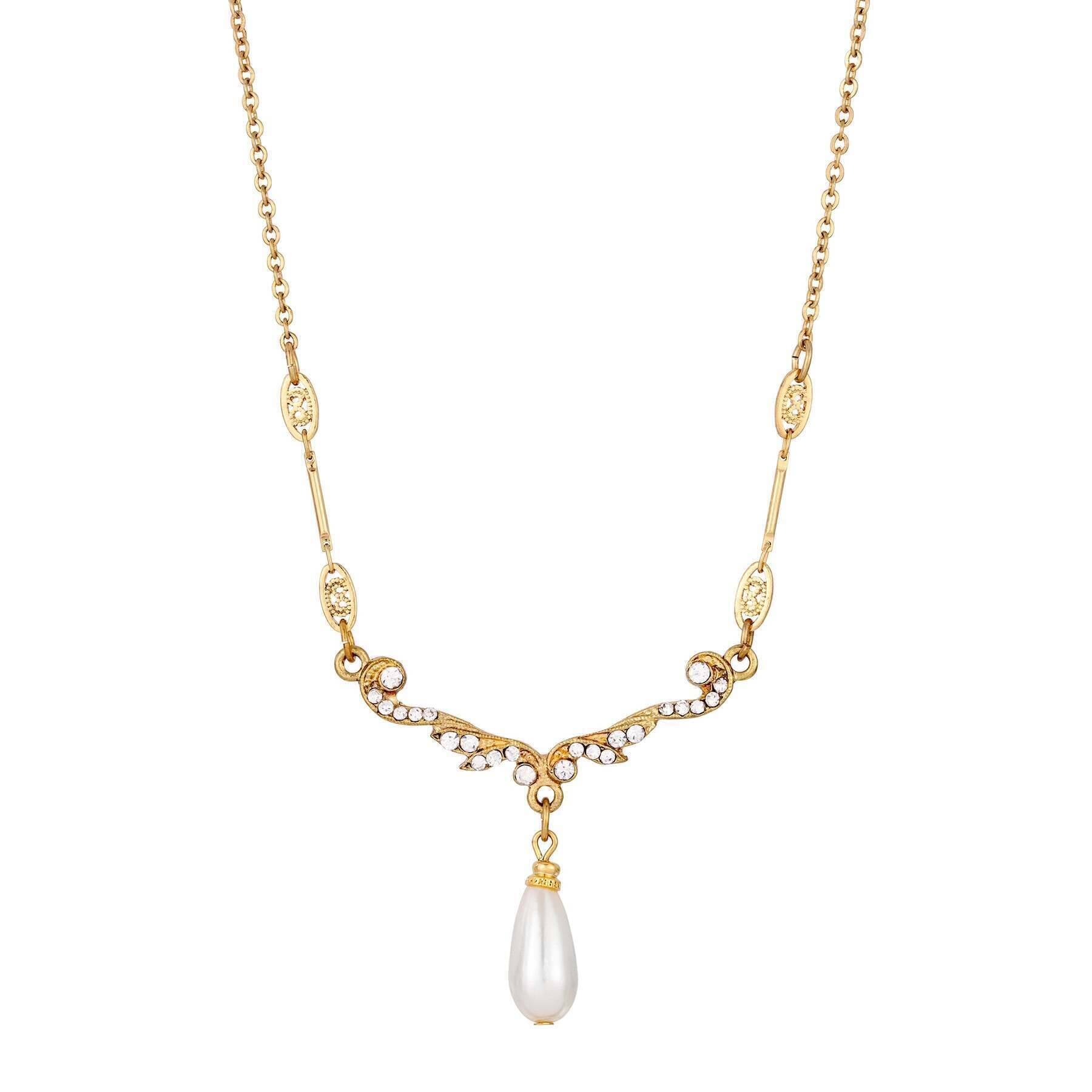 1928 Jewelry Belle Epoch Faux Pearl Teardrop Crystal Necklace - 16