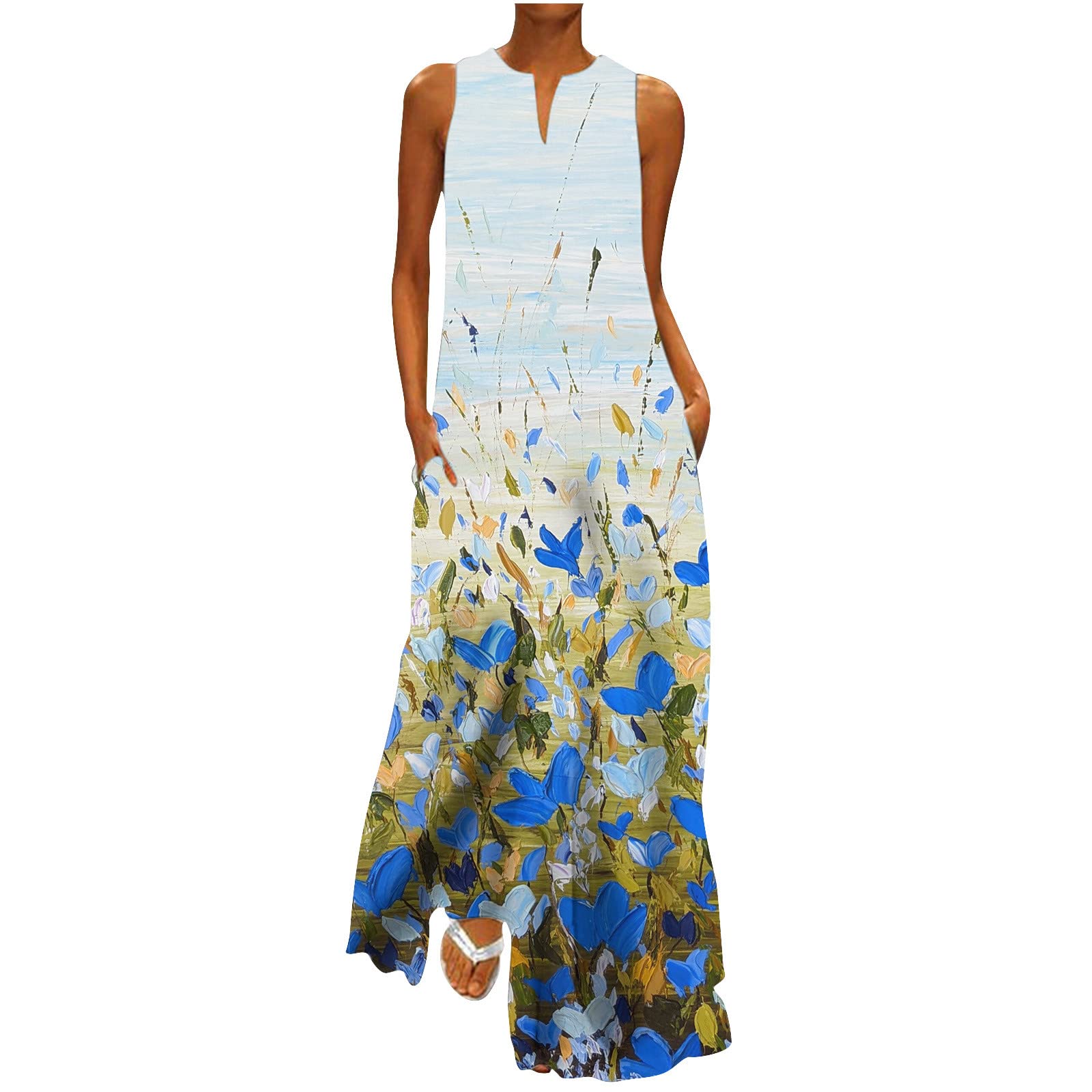 BADHUB Plus Size Women's Summer Dresses - Flowy Boho Maxi Dress with V Neck & Pockets | Casual Sleeveless Long Dress for Beach, Vacation & Everyday Wear