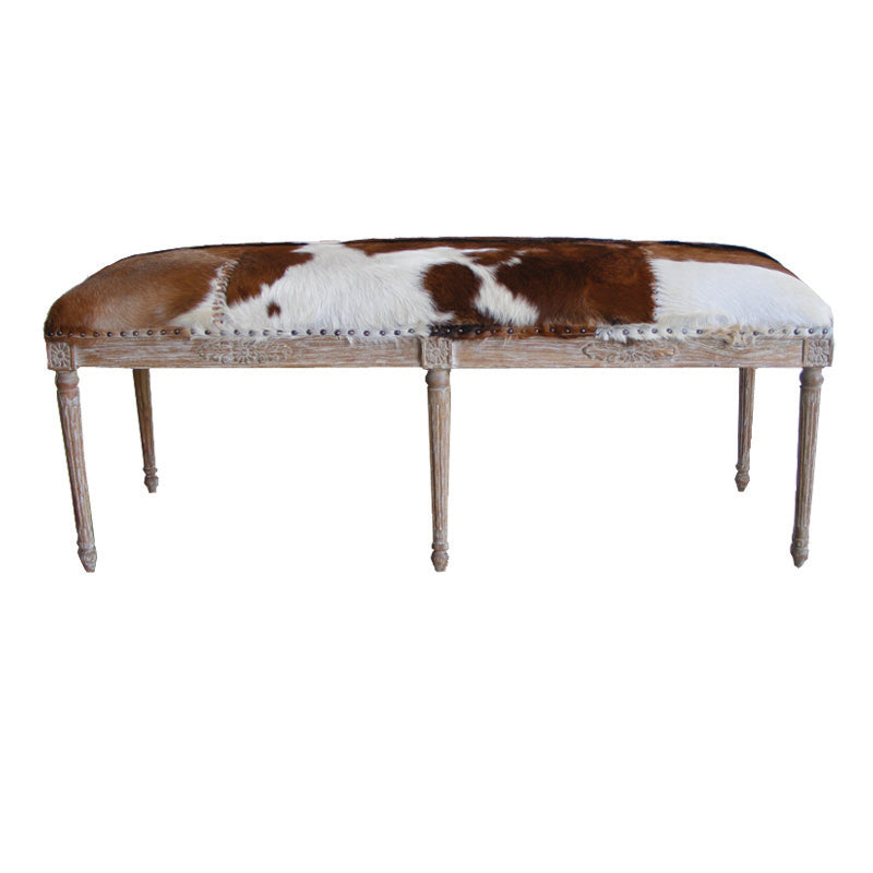 Premium Pedro Goatskin Bed End Bench - Brown & White Genuine Leather with Solid Oak Frame (130cm) - Luxury Bedroom Seating & Stylish Footrest for Home Decor