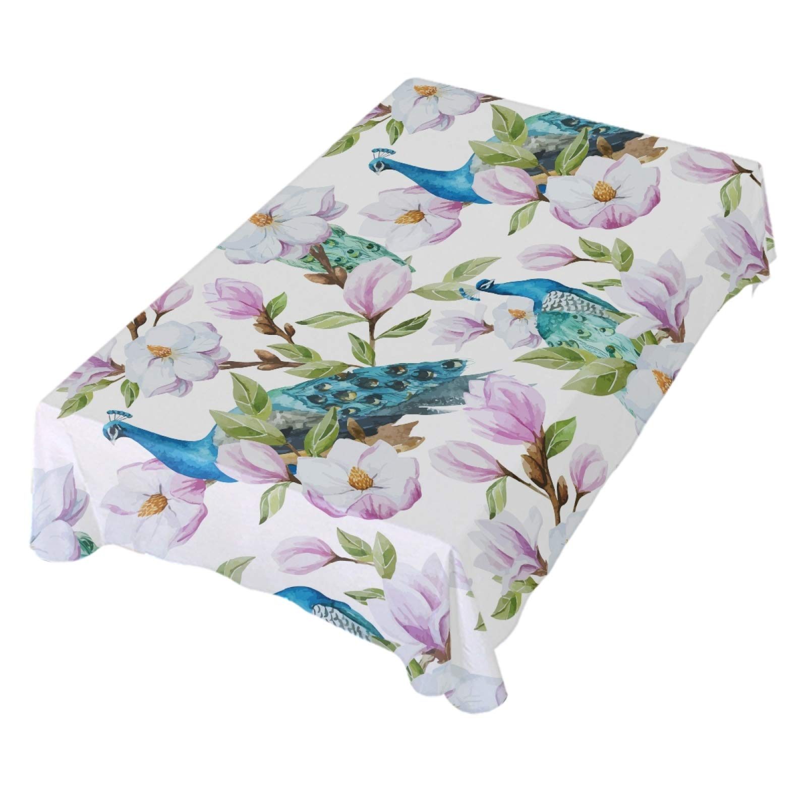 ALAZA Pink Magnolia Flower Peacock Tablecloth - 60x90 Inch Wrinkle-Resistant Rectangle Table Cover for Dining, Kitchen, Parties & Special Events - Elegant Home Decor for Weddings, Tea Parties & Holiday Gatherings