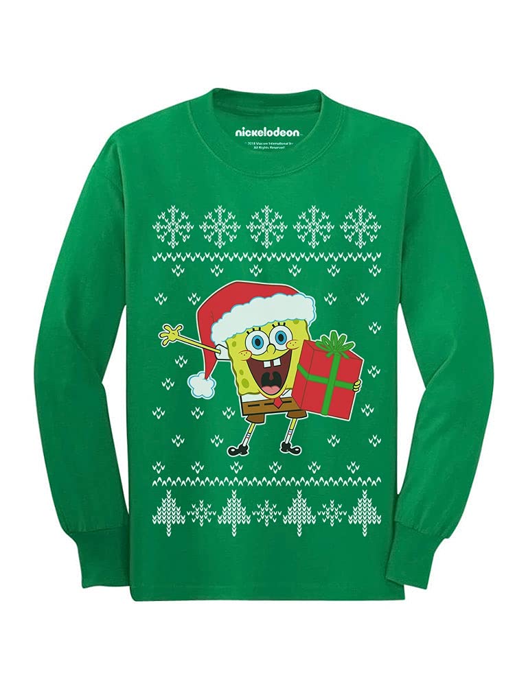 Tstars Spongebob Santa Ugly Christmas Sweater - Festive Holiday Long Sleeve T-Shirt for Toddlers & Kids | Perfect for Christmas Parties, Family Photos & Winter Celebrations