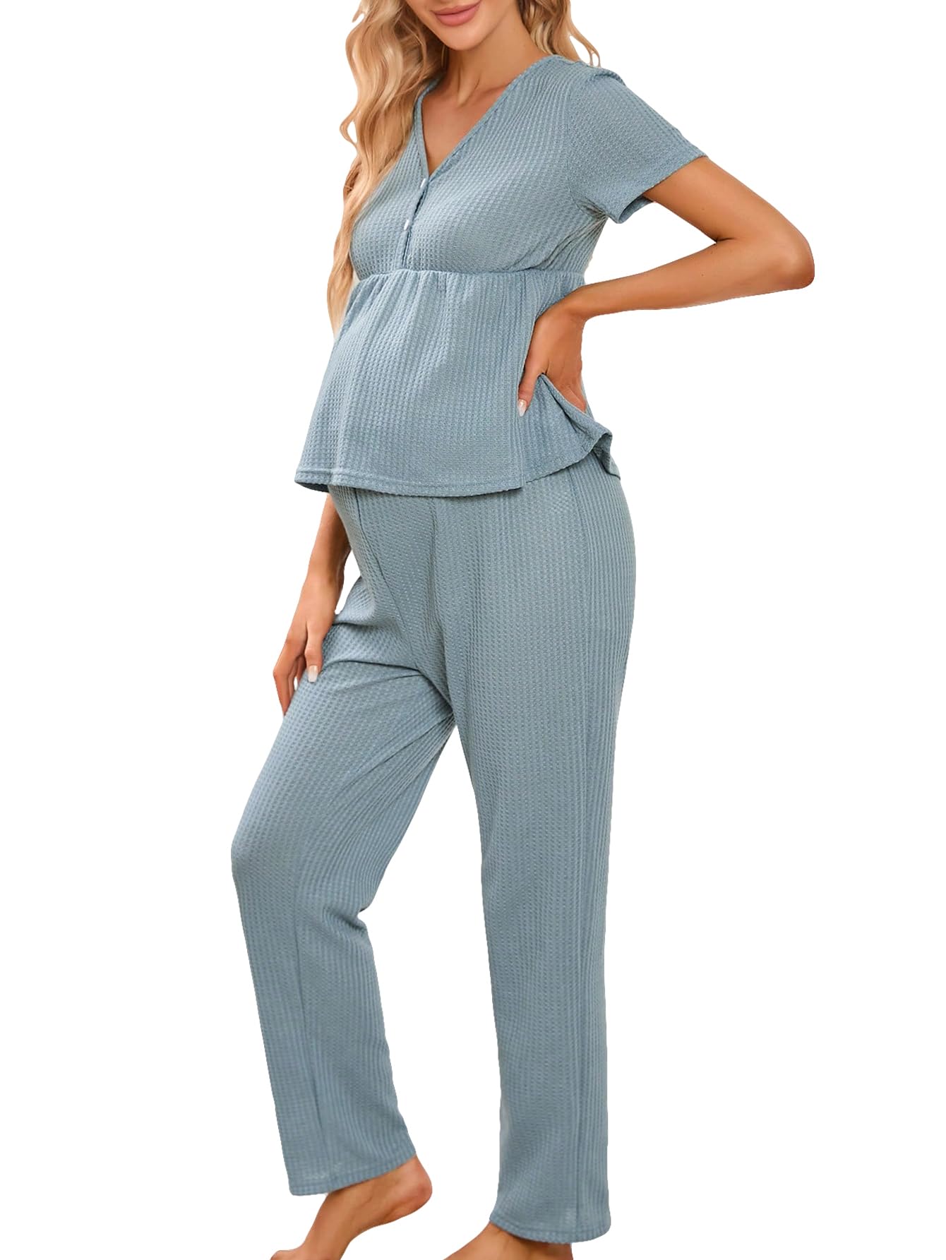 QWINEE Women's Maternity Pajama Set - Soft Nursing Sleepwear with Half Button Short Sleeve Top & Lounge Pants for Pregnancy Comfort | Perfect for Nighttime Nursing, Hospital Stay & Relaxing at Home