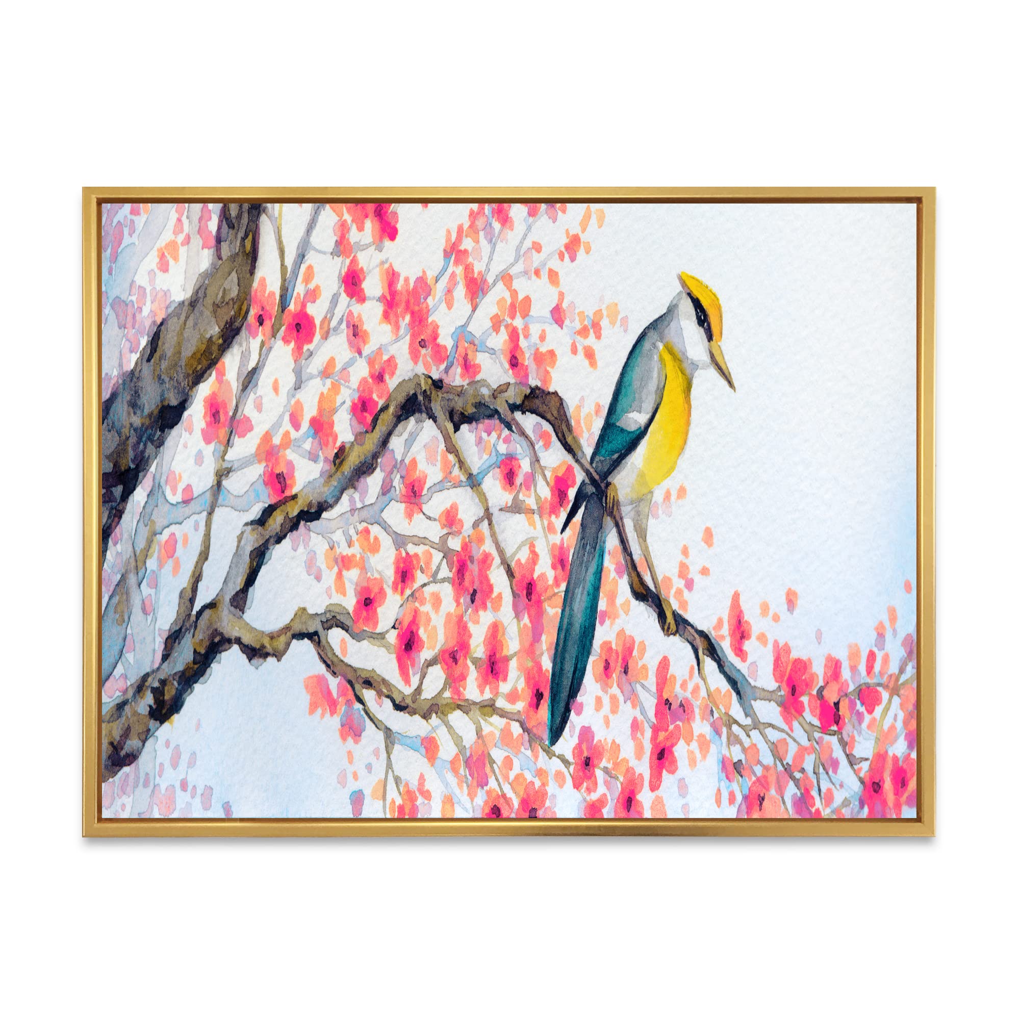 DesignQ Beautiful Pink Bird on Flowering Branch I - Traditional Framed Canvas Wall Art Print for Home Decor, Living Room, Bedroom & Office