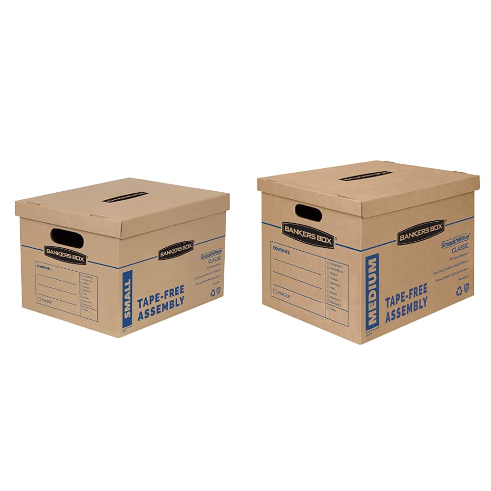 Bankers Box SmoothMove Classic Medium Moving Boxes 8 Pack - Tape-Free Assembly, Easy Carry Handles for Home & Office Relocation - Durable Cardboard Storage Boxes for Moving, Packing & Organizing
