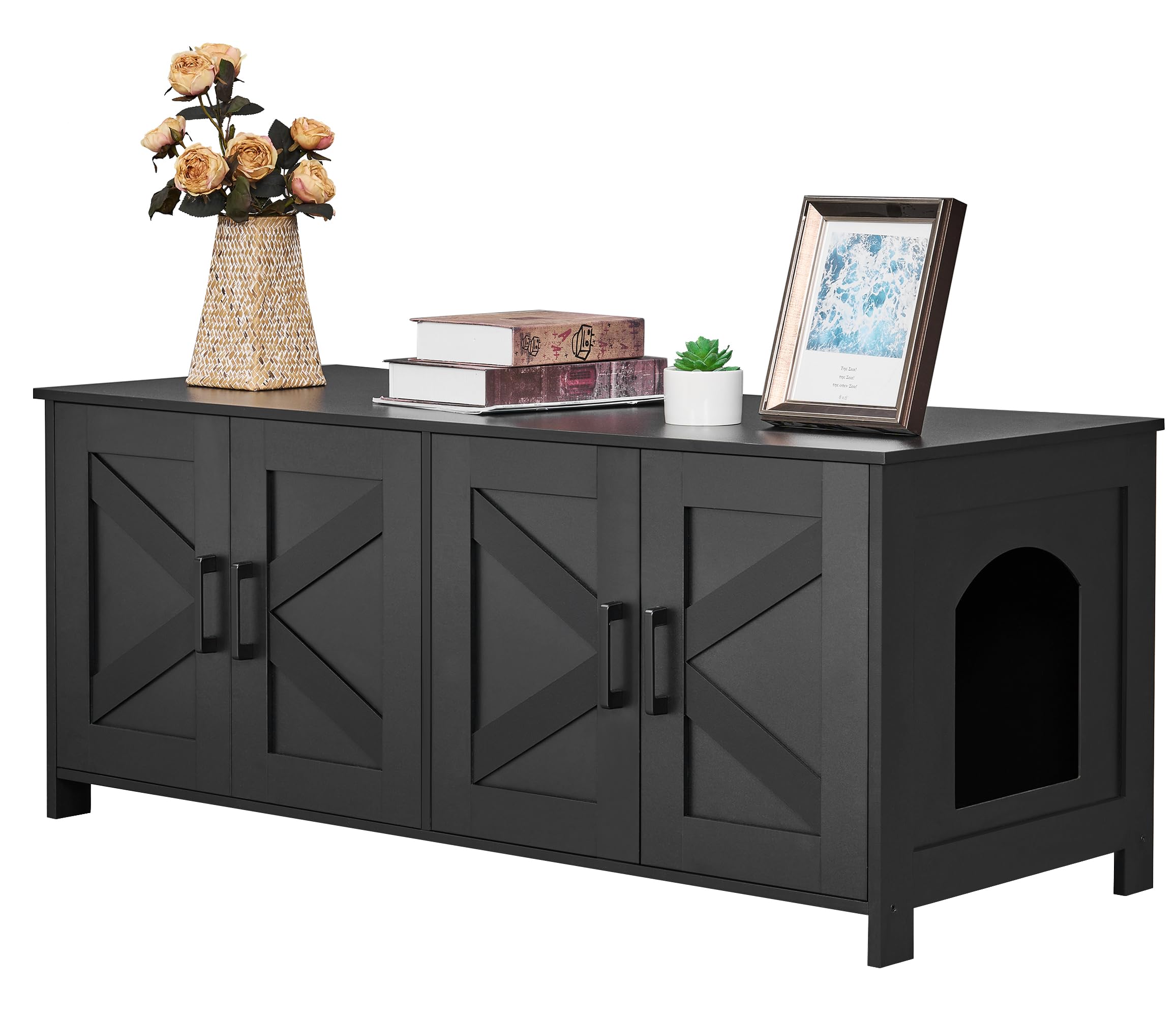 Wooden Cat Litter Box Enclosure for 2 Cats - Double Room Hidden Litter Box Furniture with Washroom - 47.2”L x 19.7”W x 19.7”H Black Cat House - Perfect for Small Spaces & Multi-Cat Homes