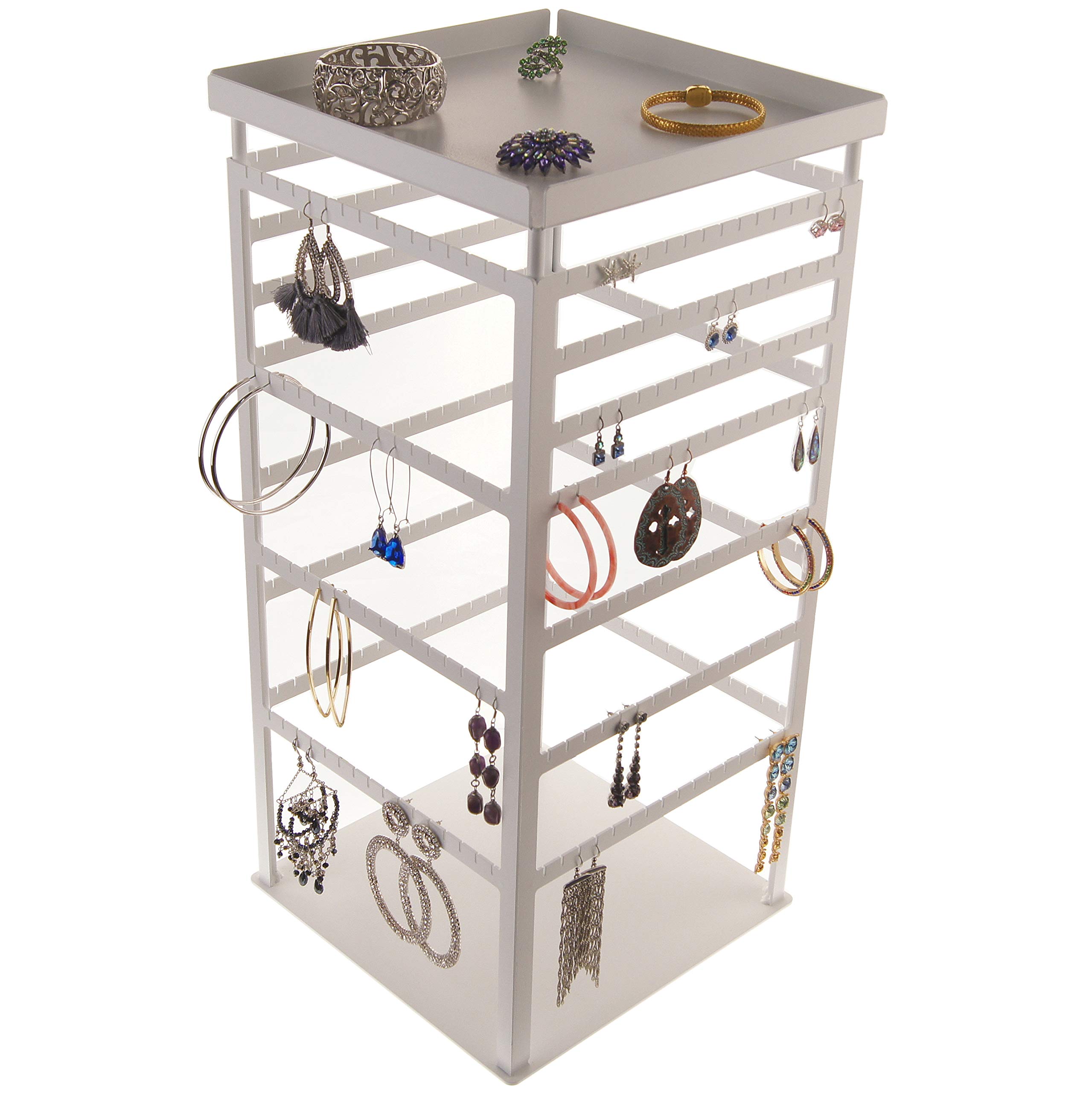 360° Rotating Jewelry Organizer Stand - Adjustable Display Rack for Stud, Dangle & Hoop Earrings - Compact Countertop Jewelry Storage Solution - Perfect for Bedroom Vanity, Dresser Top or Retail Store Display (White)