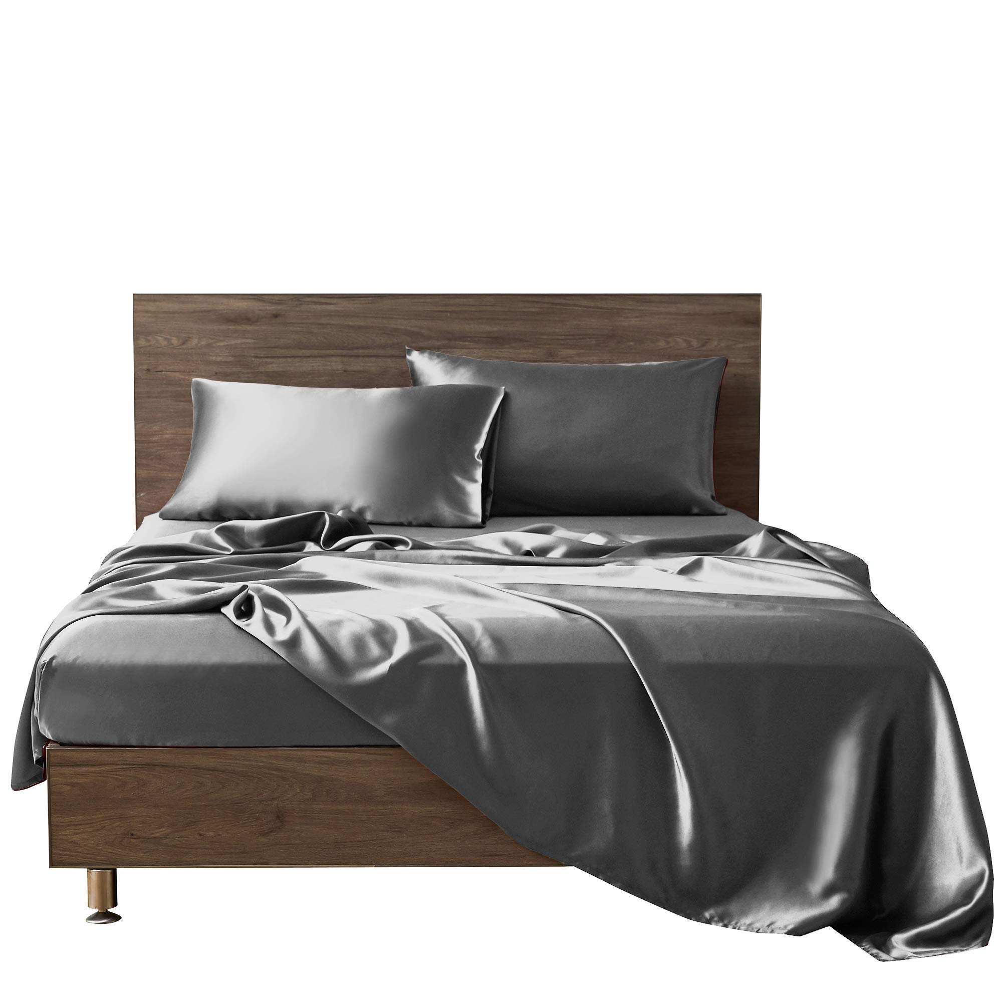 Luxury Rico Bedding Silk Satin Sheets Set - Queen Size Dark Grey - 15'' to 18'' Deep Pocket - Ultra Soft & Breathable Cooling Bed Sheets - Wrinkle Free & Comfortable - Perfect for Hotels, Master Bedrooms & Guest Rooms - Premium Bedding for All Seasons