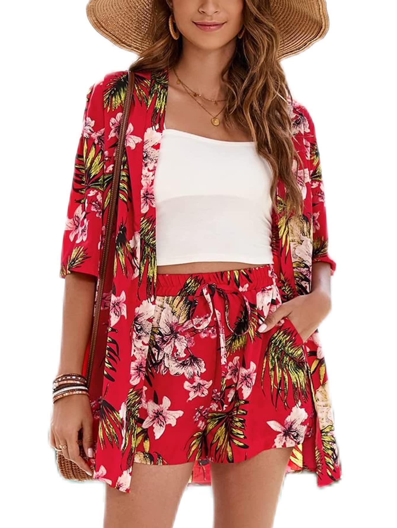 Milumia Women's Two Piece Outfits - Tropical Print Drop Shoulder Blouse & Shorts Set | Summer Beach Vacation Outfit, Casual Streetwear, Boho Chic Fashion