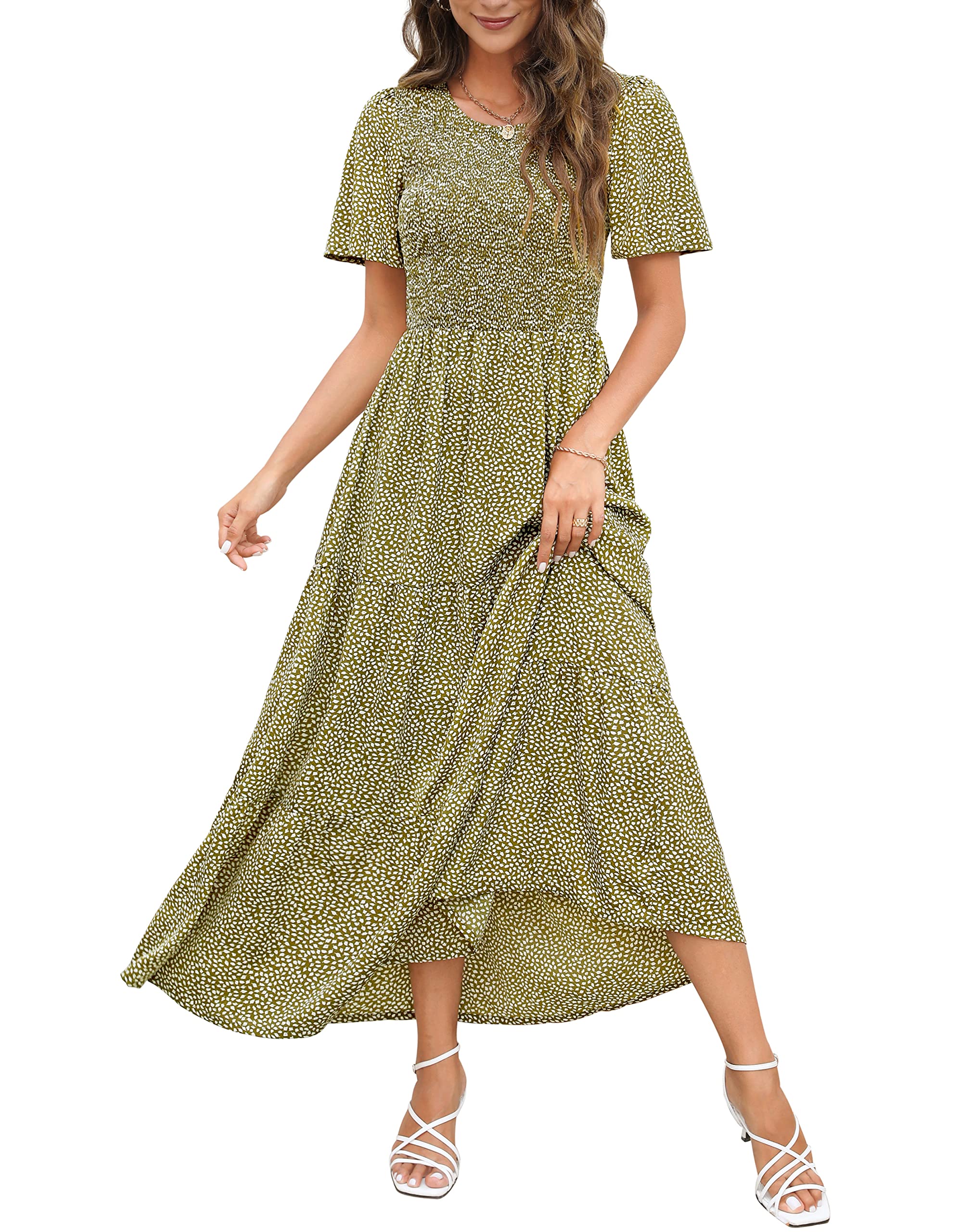 Maggeer Women's 2025 Spring Summer Floral Boho Maxi Dress - Smocked Waist, Short Sleeve, Flowy Wedding Guest Dress for Beach Parties & Garden Events