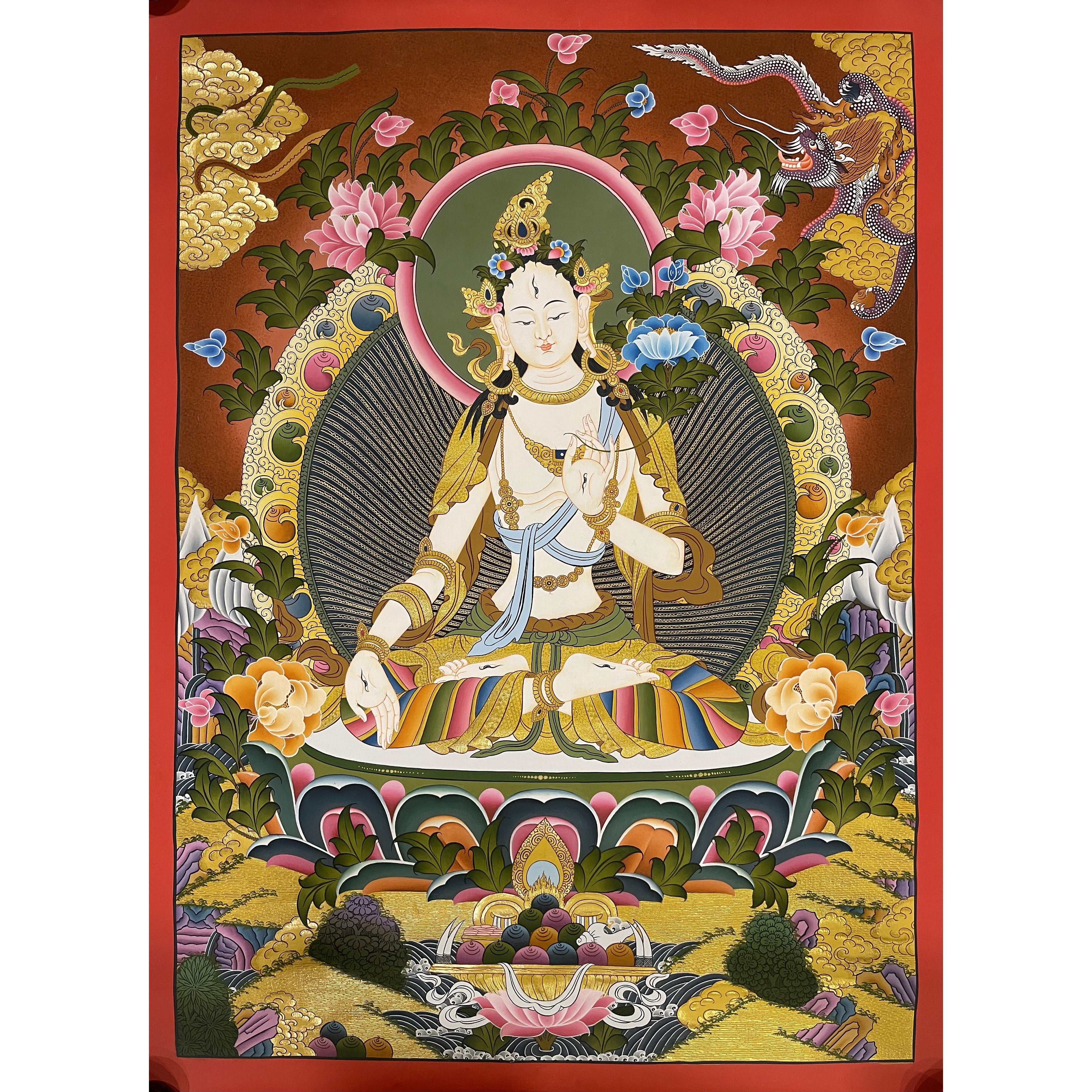 White Tara Thangka Painting - Tibetan Buddhist Wall Art for Meditation & Spiritual Decor | Perfect for Home Altar, Yoga Studio & Healing Spaces