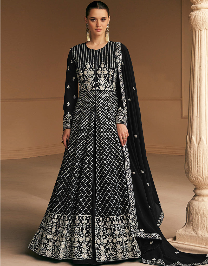 Elegant Black Faux Georgette Anarkali Pant Suit for Women - Perfect for Weddings, Parties & Festive Occasions