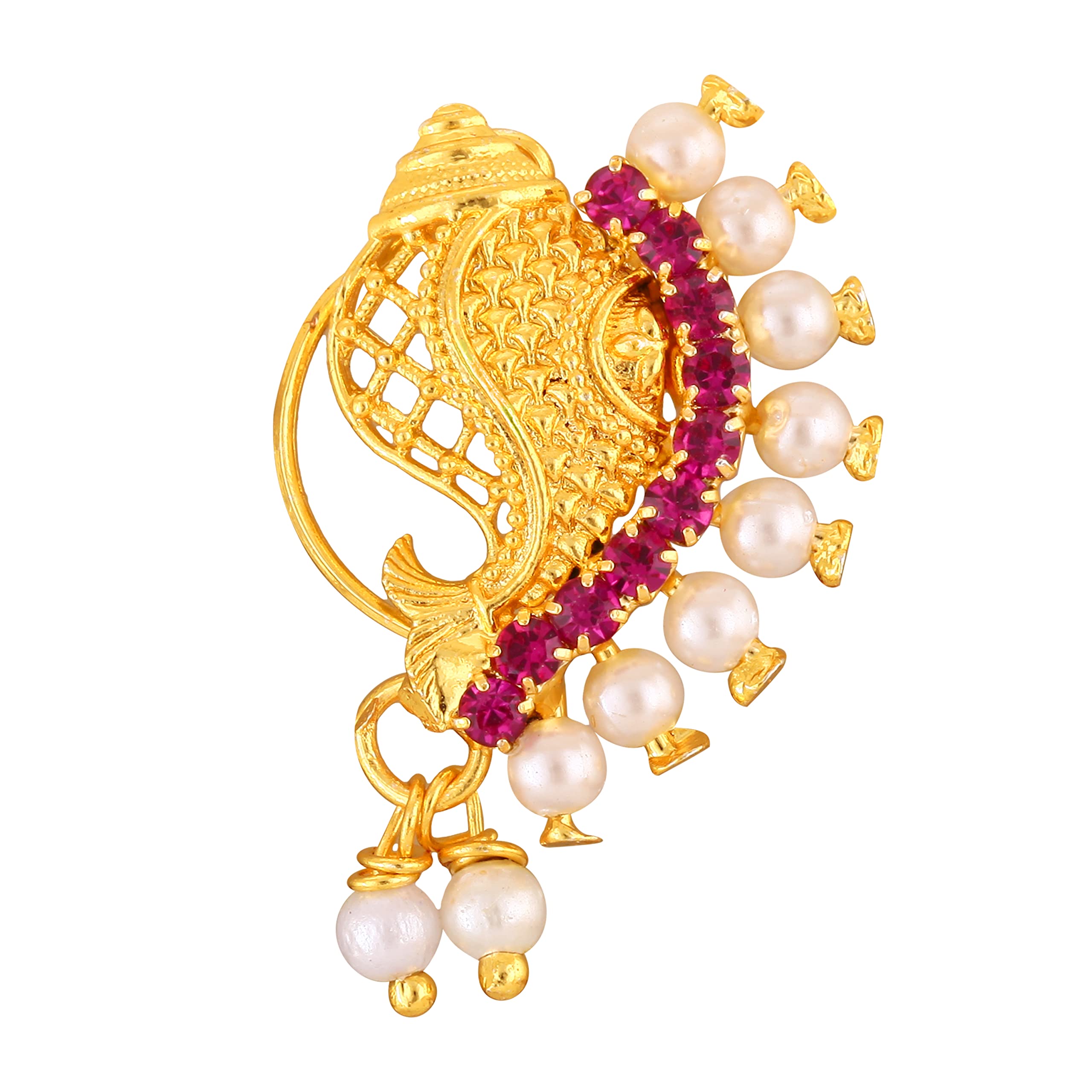 Vighnaharta Gold Plated Peacock Design Nose Ring with Pearl & Artificial Stones - Traditional Maharashtrian Nath Nathiya Jewelry - Valentine's Day Gift for Her/Him, Women's Ethnic Nose Pin [VFJ1213NTH-Press-Pink] | Perfect for Weddings, Festivals & Cultural Events
