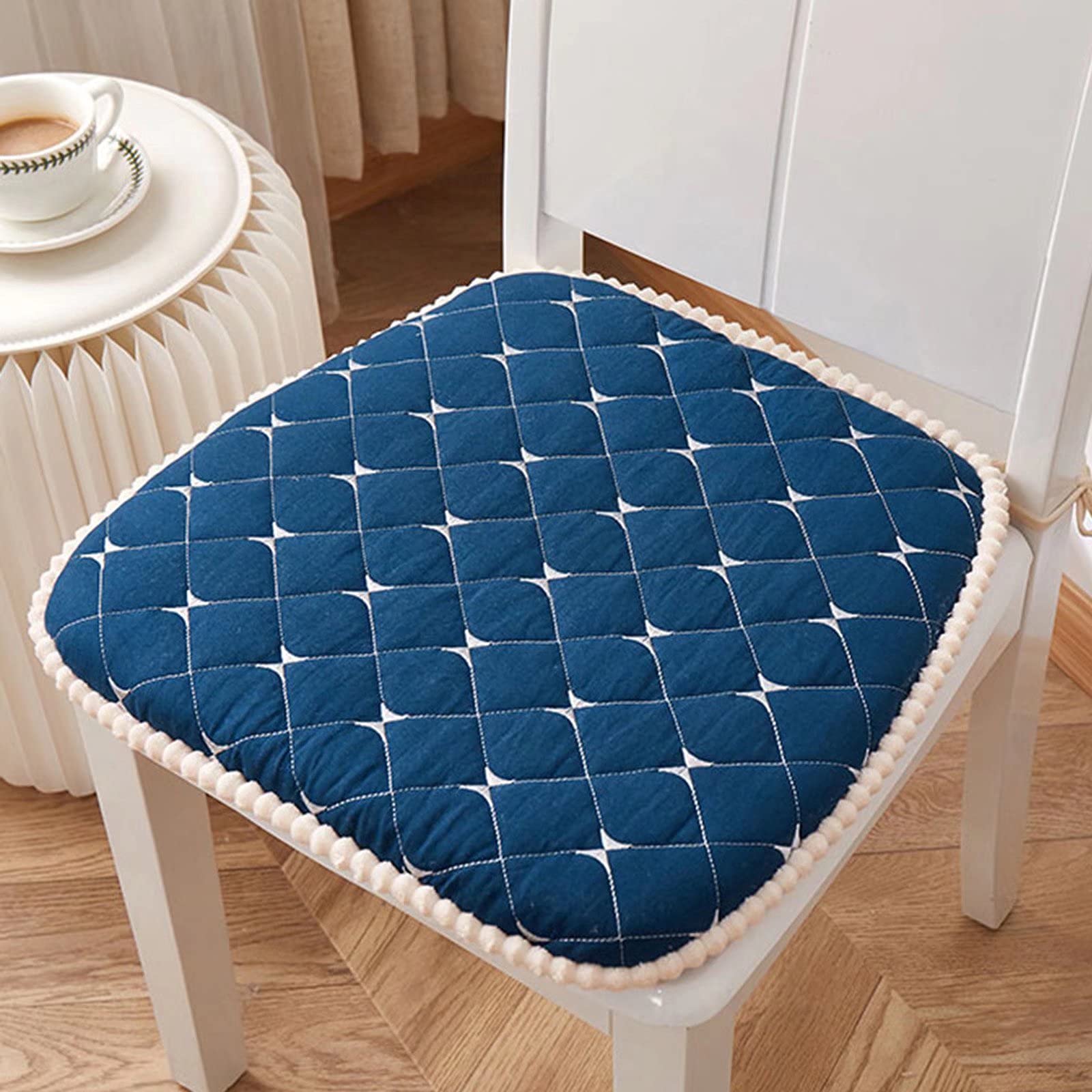 Premium Non-Slip Kitchen Chair Cushions Set of 6 (18x18 Inch) with Secure Ties - All-Season Grid-Pattern Dining Seat Pads in Deep Blue - Perfect for Kitchen, Dining Room, Breakfast Nook & Outdoor Patio Furniture