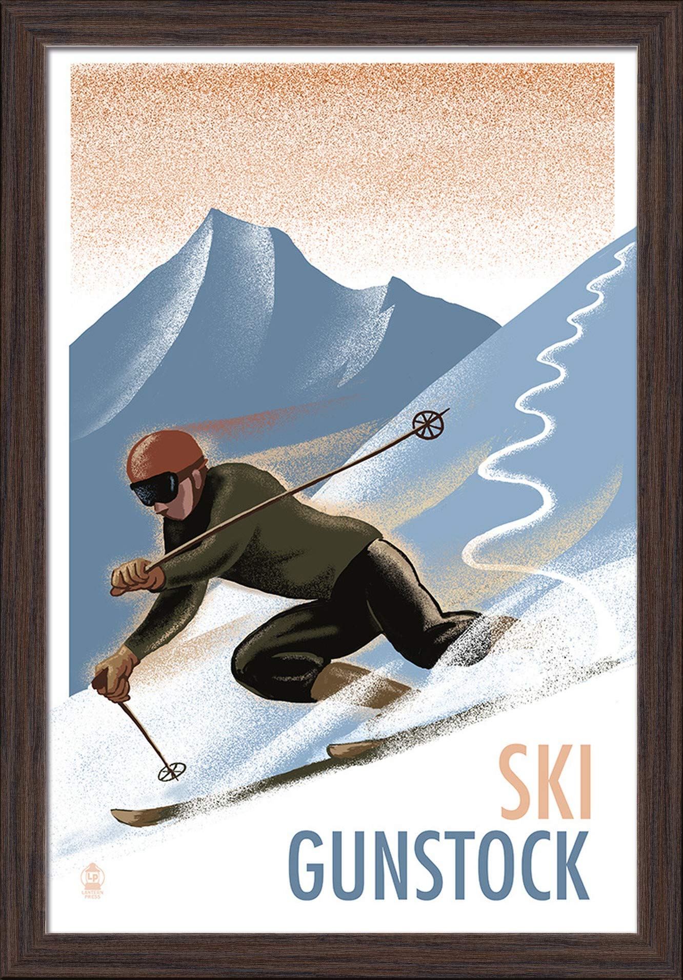 Premium Downhill Skier Lithograph - 16x24 Giclee Fine Art Print with Recycled Wood Frame in Espresso Brown - Perfect for Ski Lodge Decor & Winter Sports Enthusiast Gifts