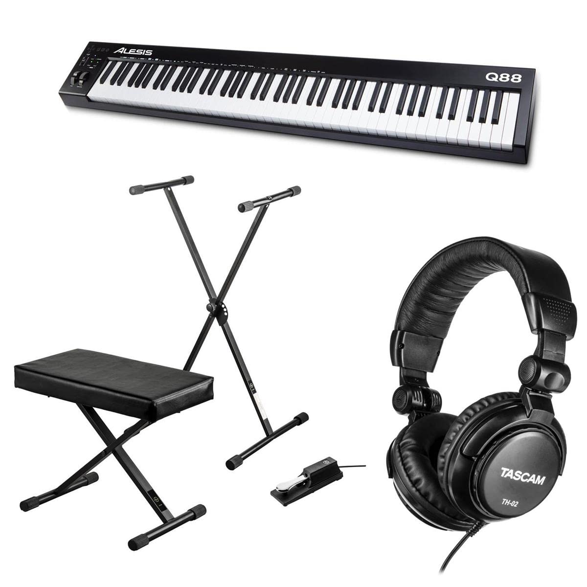 Alesis Q88 MKII 88-Key USB/MIDI Keyboard Controller Bundle with Stand, Bench, Sustain Pedal & Studio Headphones - Perfect for Home Recording, Music Production & Live Performances