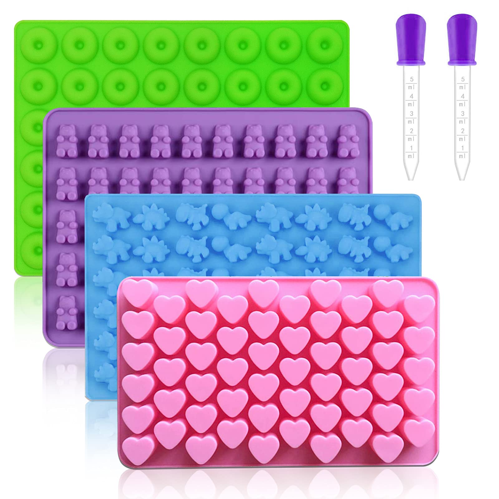 Premium Silicone Gummy Molds Set of 4 - Dinosaur, Bear, Donut & Heart Candy Molds with 2 Droppers for Easy Filling - Perfect for Homemade Chocolates, Gummy Bears, Candies & Party Treats - BPA-Free Baking Supplies for Kids & Adults