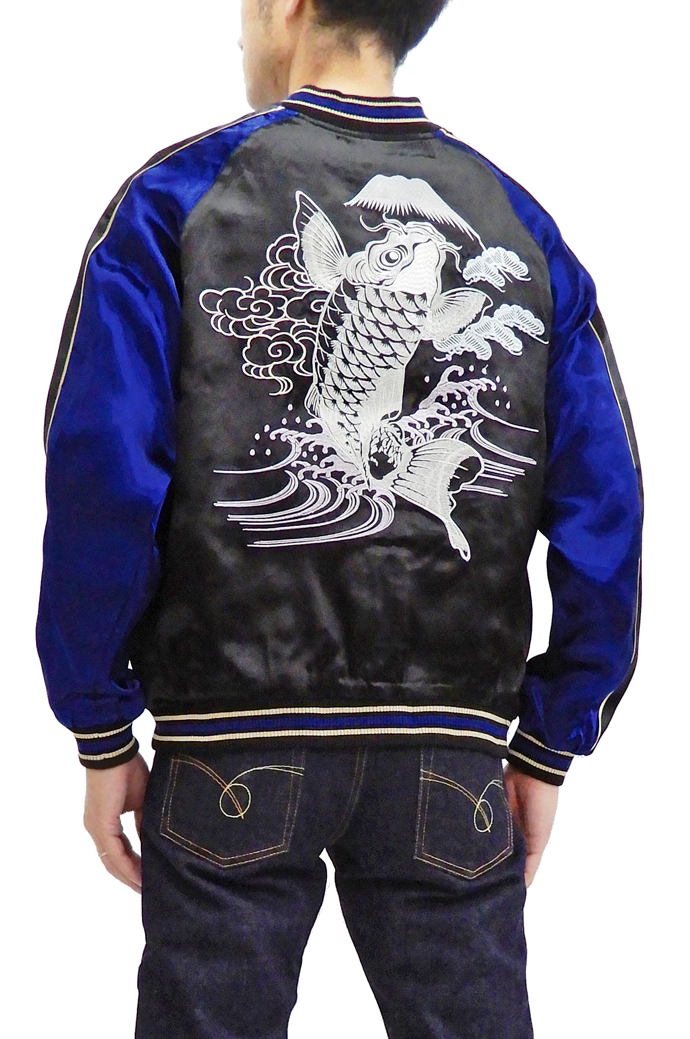 Japanese Souvenir Jacket for Men - Koi Fish Design Sukajan Bomber 3RSJ 047 in Black/Navy Blue | Vintage Asian Streetwear for Casual Wear & Fashion Statement