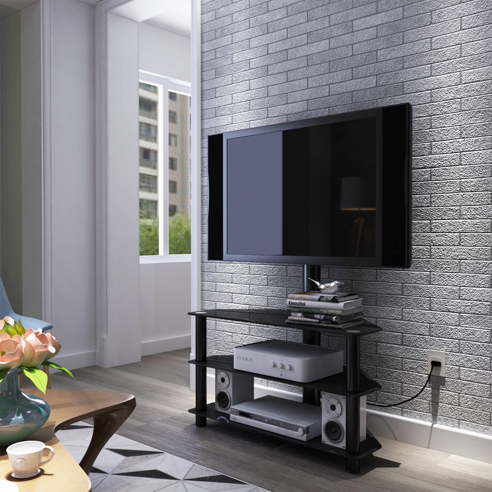 32-65 Inch Modern Wood Electric Fireplace TV Stand with Adjustable Height & Swivel Bracket - Multi-Functional Media Entertainment Center Console Table for Living Room, Bedroom, Home Theater (Black)