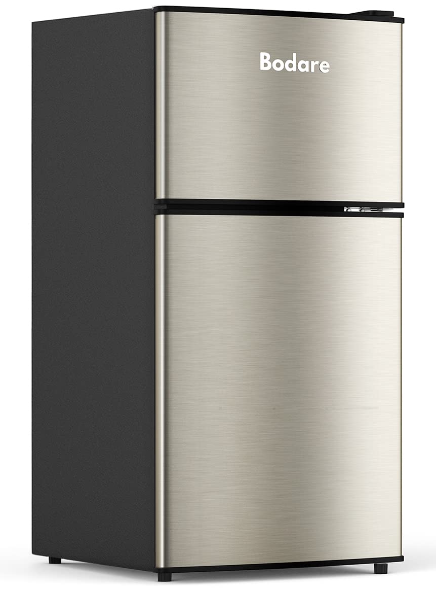 Bodare 3.2 Cu.Ft Energy Star Mini Fridge with Freezer - Compact 2-Door Refrigerator for Bedroom, Dorm, Office & Apartment - Ultra Quiet Champagne Small Fridge for Drinks, Snacks & Meal Prep