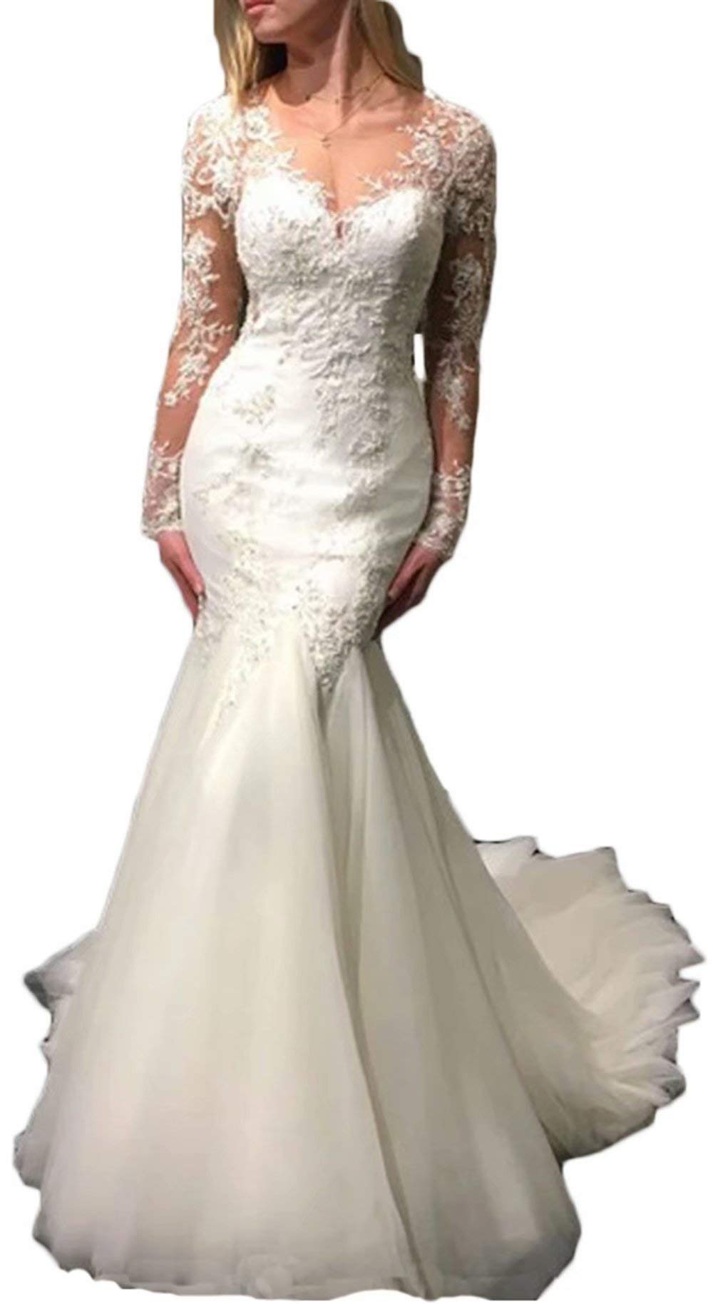 Elegant Mermaid Wedding Dresses for Bride - Long Sleeve Tulle Lace Illusion Bridal Gown | Perfect for Beach Weddings, Vow Renewals & Romantic Ceremonies