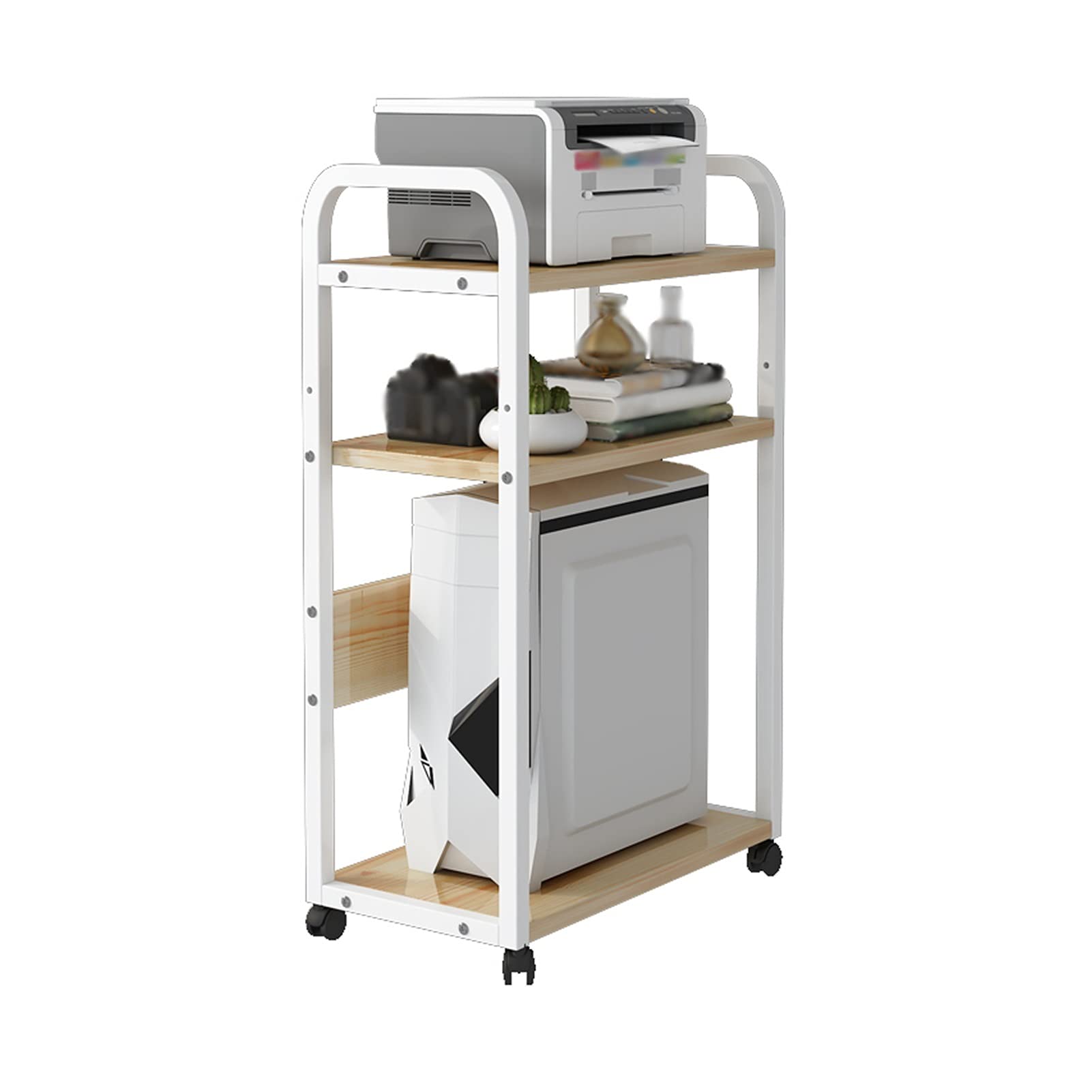 GRFIT 3-Tier Wooden CPU Stand with Rolling Wheels - PC Cart Holder, Desktop & Floor Computer Case Rack (White) - Perfect for Office, Gaming Setup & Server Room Organization