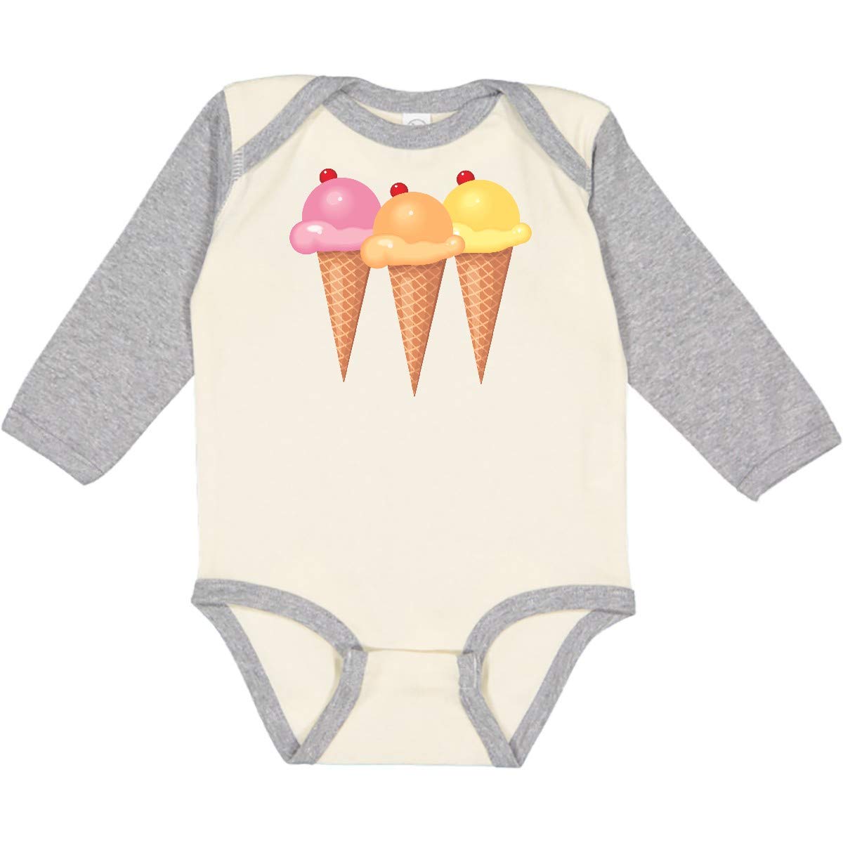 Inktastic 3 Scoops of Ice Cream Long Sleeve Baby Bodysuit - Soft Cotton Creeper for Infants & Toddlers - Cute Ice Cream Print for Playdates & Photo Shoots