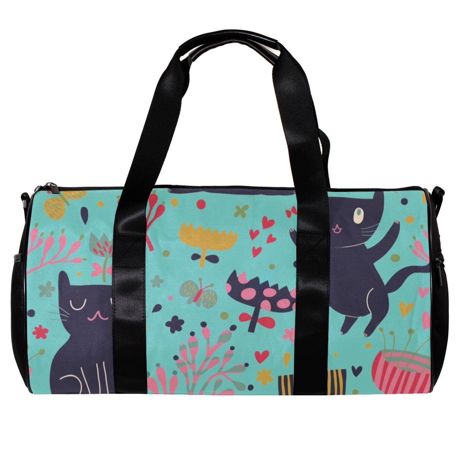 Stylish Gym Duffle Bag for Travel & Workout - Water-Resistant Overnight Weekender Carry On Bag with Abstract Black Cat Design (Light Cyan) - Perfect for Gym, Travel, and Weekend Getaways