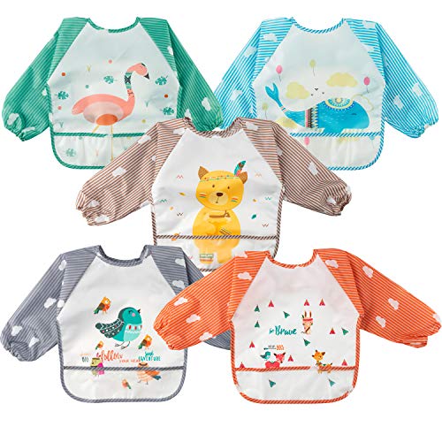 2ooya 5-Pack Waterproof Long Sleeve Baby Bibs with Pockets - Cute Animal Print Feeding Bibs for Infants & Toddlers (9-48 Months) - Stain & Odor Resistant Cloth Bibs for Messy Meals, Art Play & Outdoor Dining