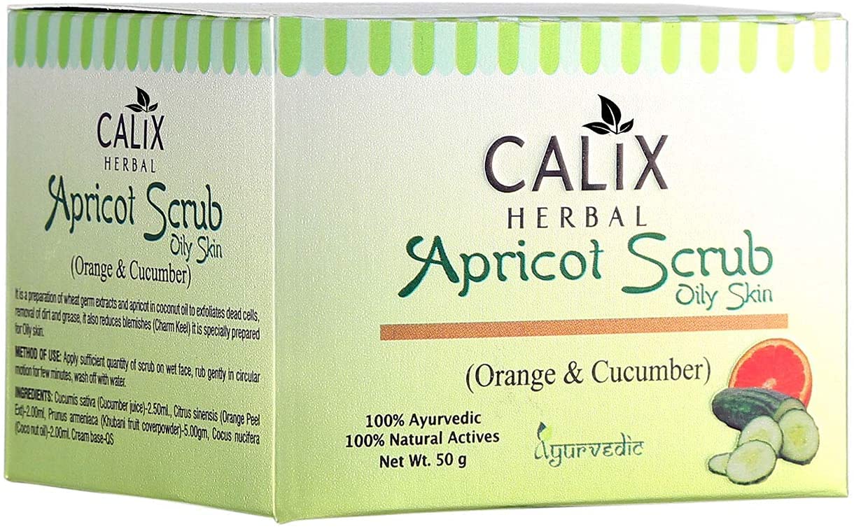 Calix Herbal Organic & Ayurvedic Apricot Scrub - Natural Skin Exfoliator for Face & Body, Deep Pore Cleansing, Blackhead Removal, Enriched with Cucumber & Orange Extracts (50g) - Perfect for Daily Skincare Routine & Spa Treatments
