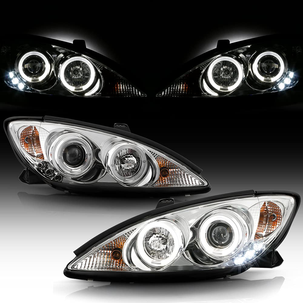 ACANII LED Dual Halo Projector Headlights for 2002-2006 Toyota Camry - Chrome Housing Headlamps Pair (Driver & Passenger Side) | Upgrade Your Night Driving Safety & Style