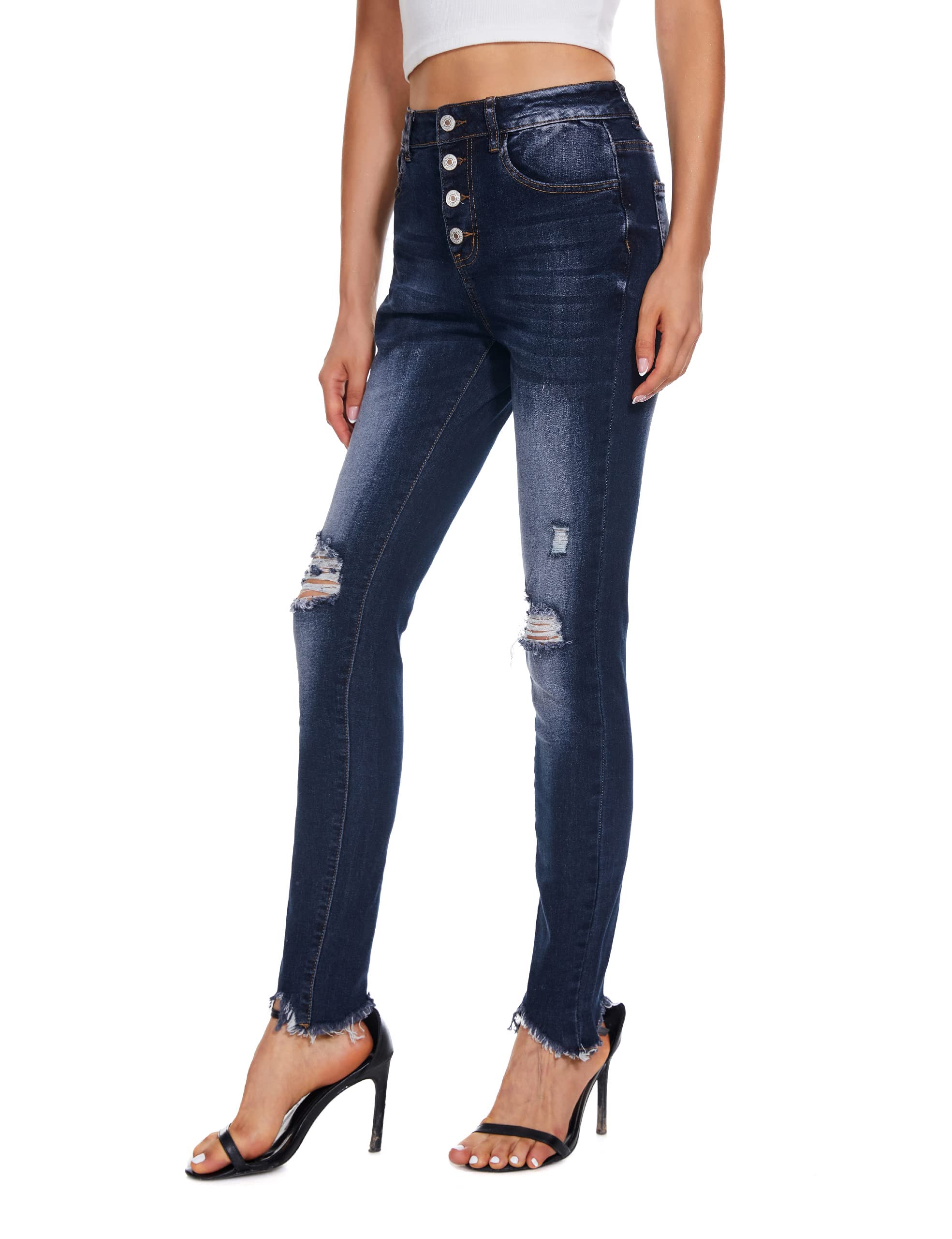 MYOURSA Women's High Waist Ripped Skinny Jeans - Stretchy Denim Pants with Button Fly & Distressed Details for Casual Wear, Night Out & Street Style Fashion