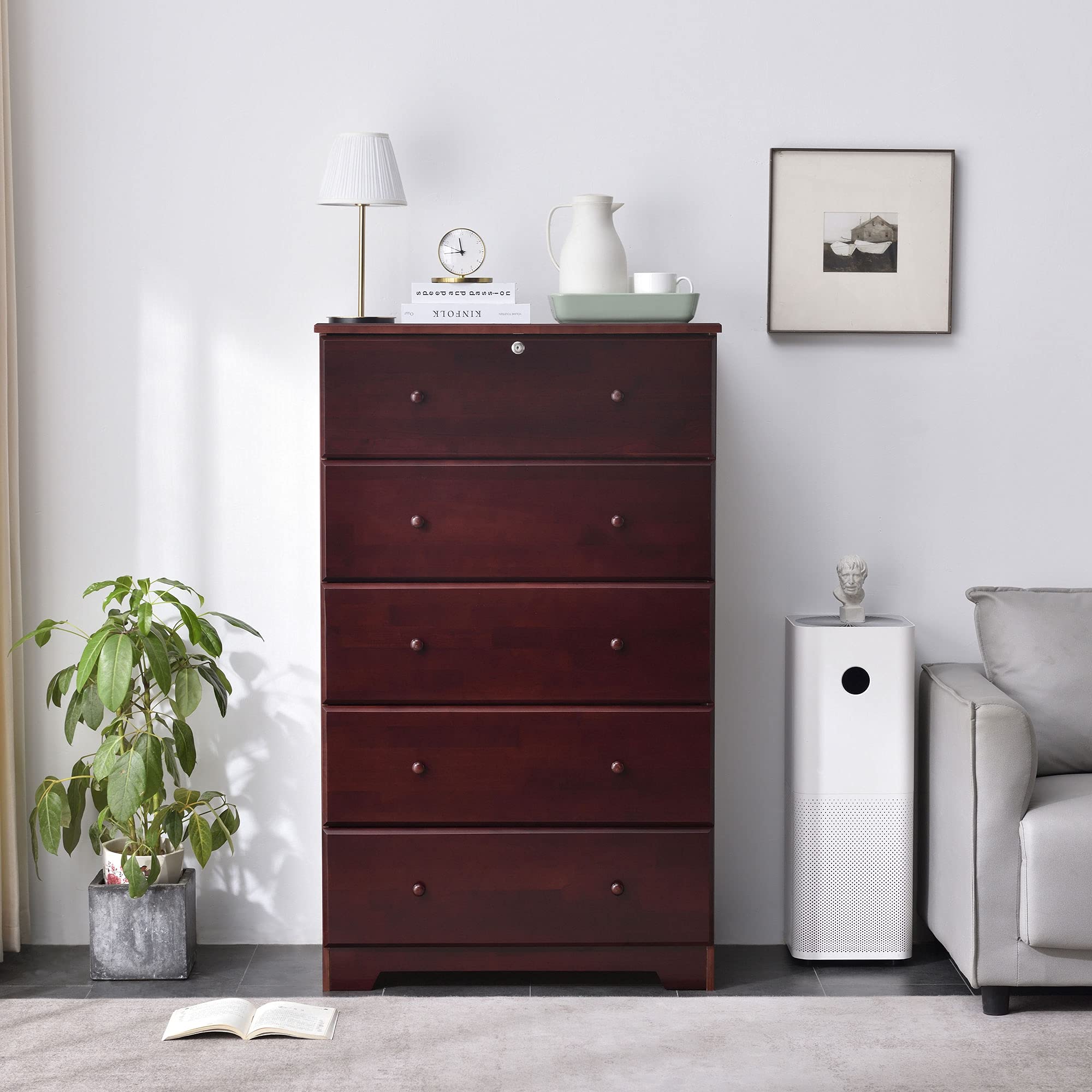 Solid Pine Wood Tall Chest Dresser - 5 Drawers with Lock & Key for Bedroom Storage